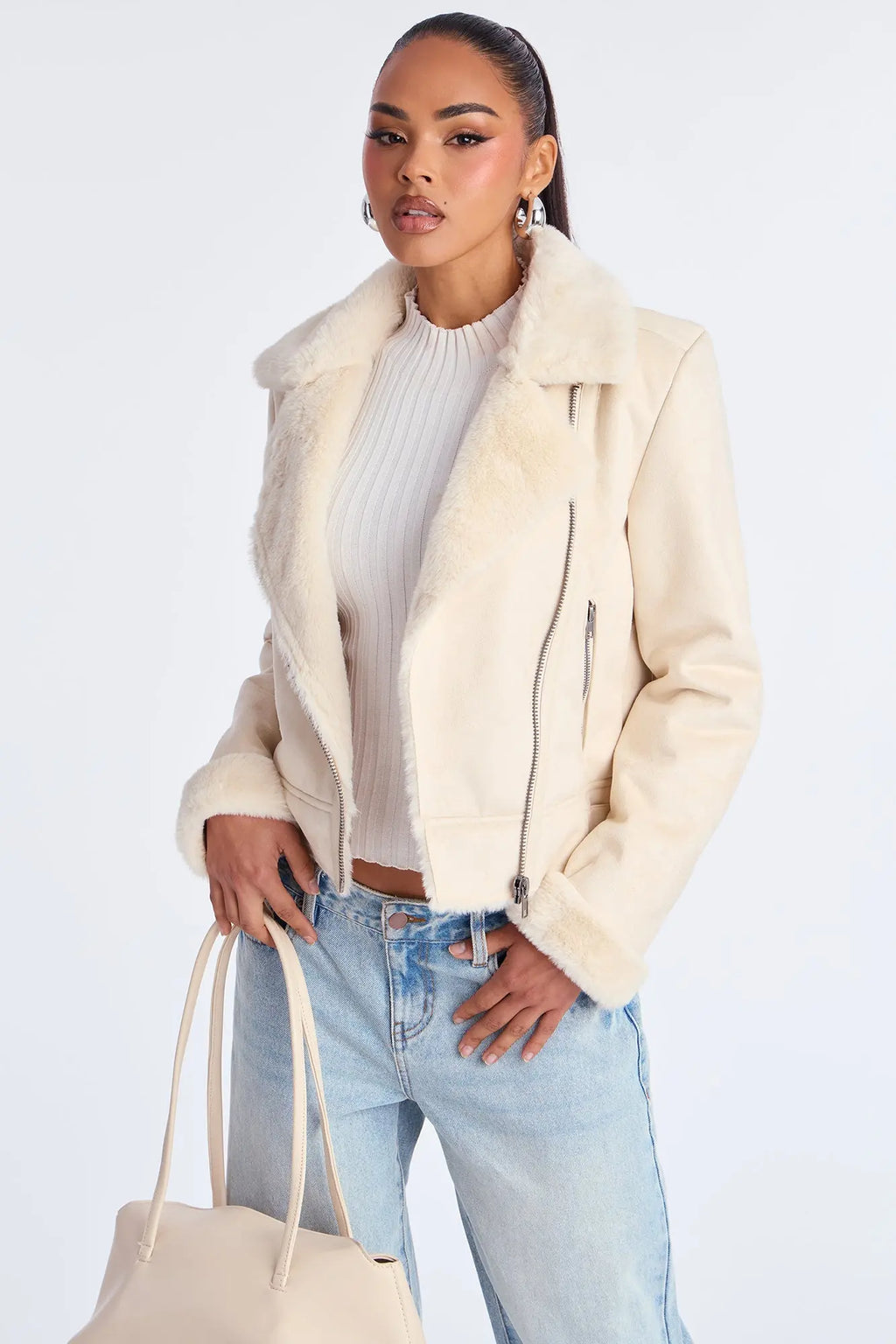 Candice Faux Suede Moto Jacket - Cream 