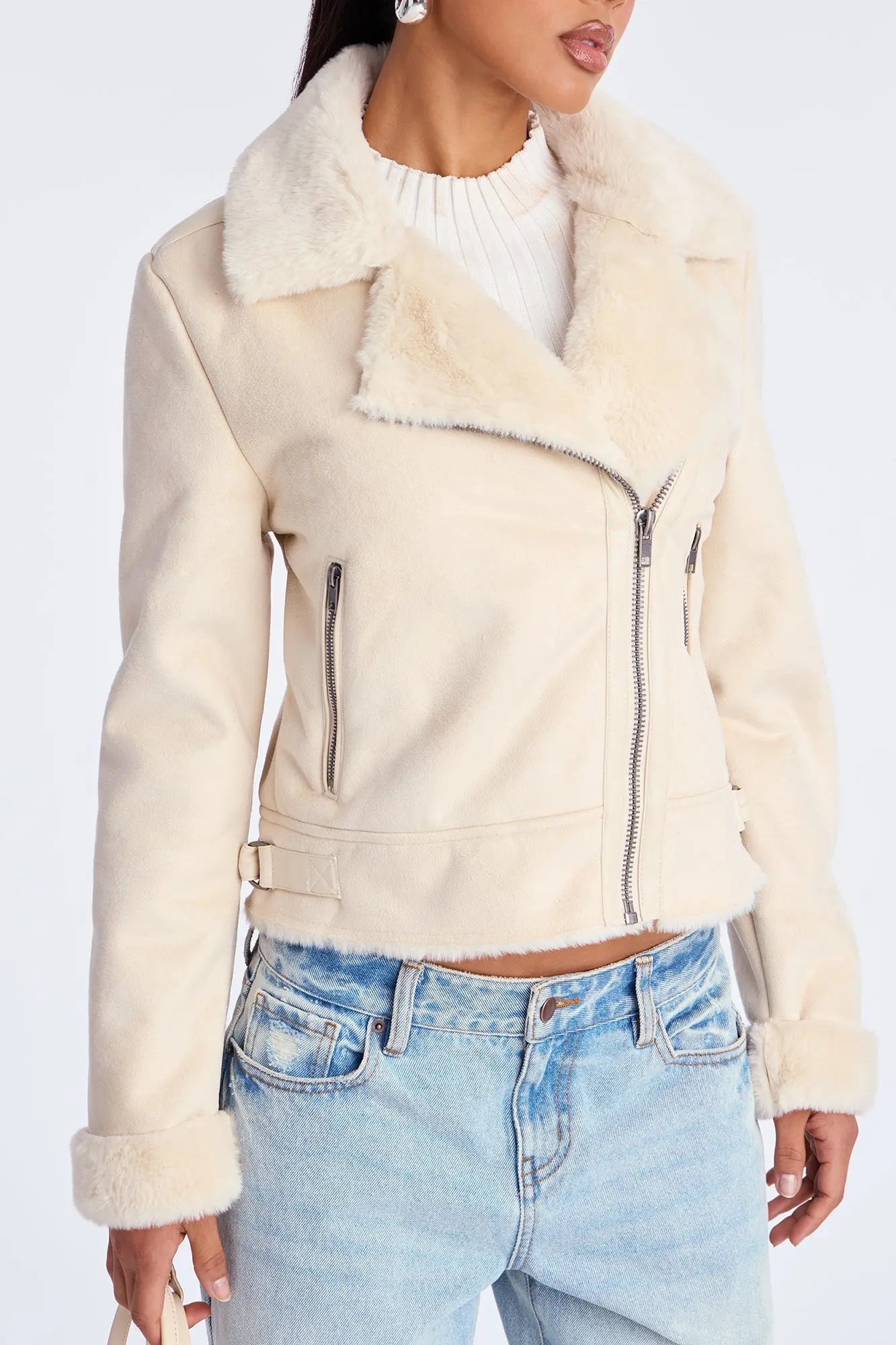 Candice Faux Suede Moto Jacket - Cream 