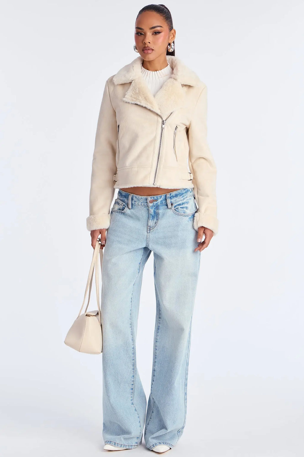 Candice Faux Suede Moto Jacket - Cream 