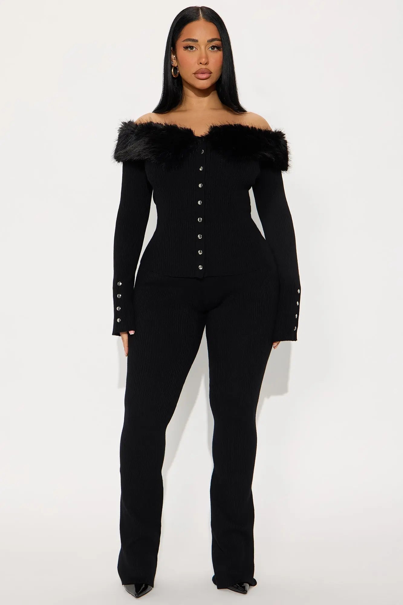 Vera Fur Trim Cardigan Flare Pant Set - Black 