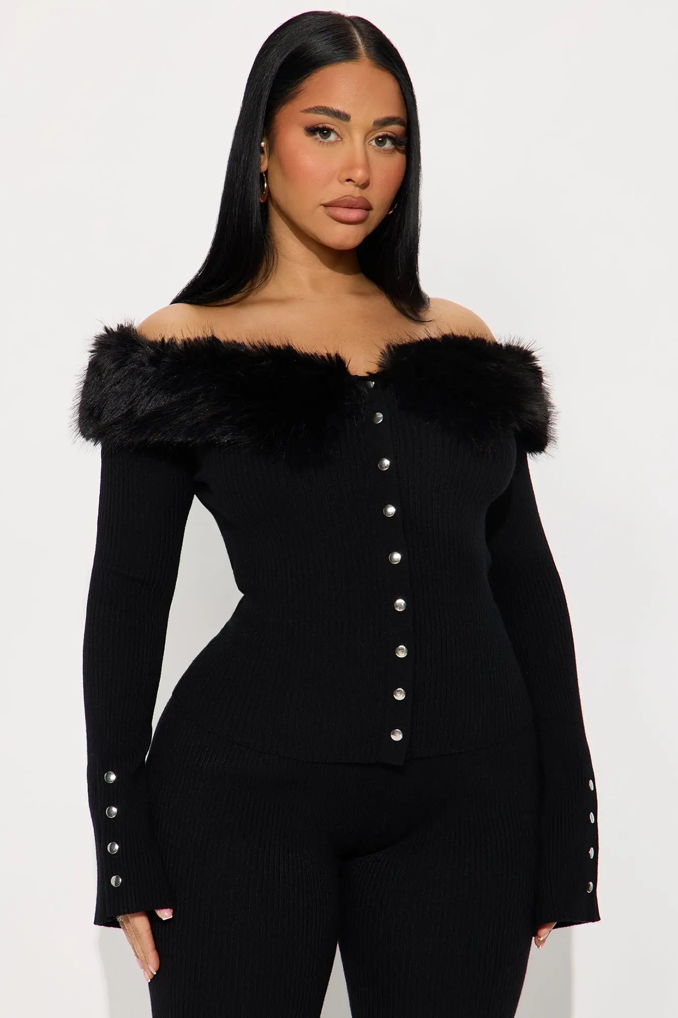 Vera Fur Trim Cardigan Flare Pant Set - Black 