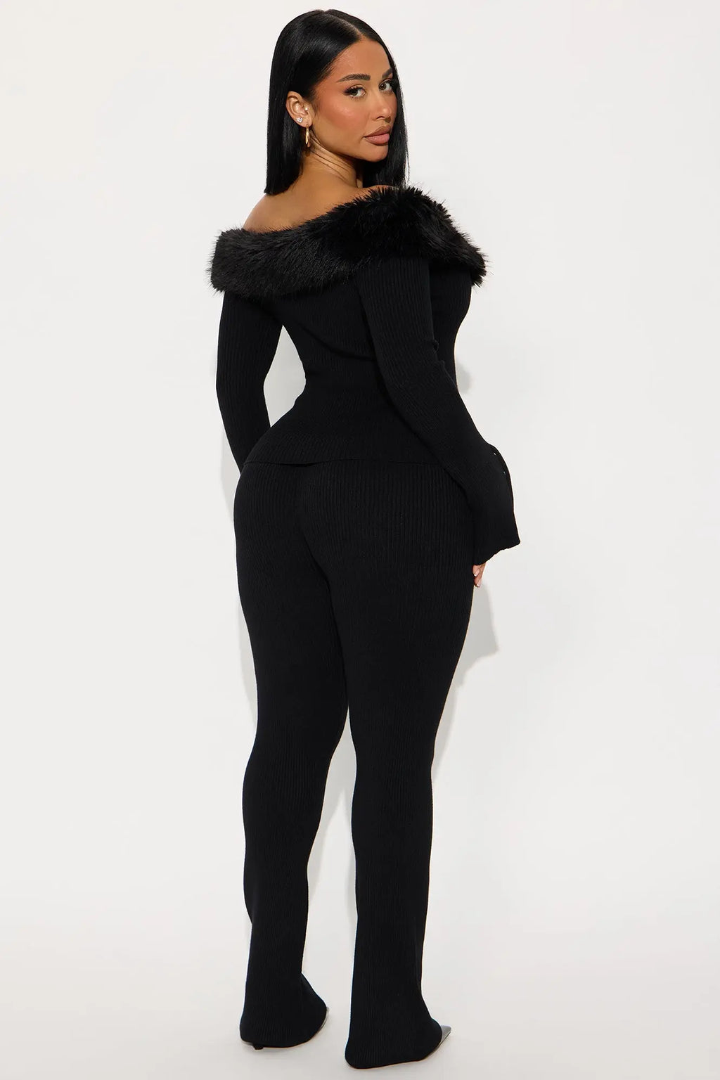Vera Fur Trim Cardigan Flare Pant Set - Black 