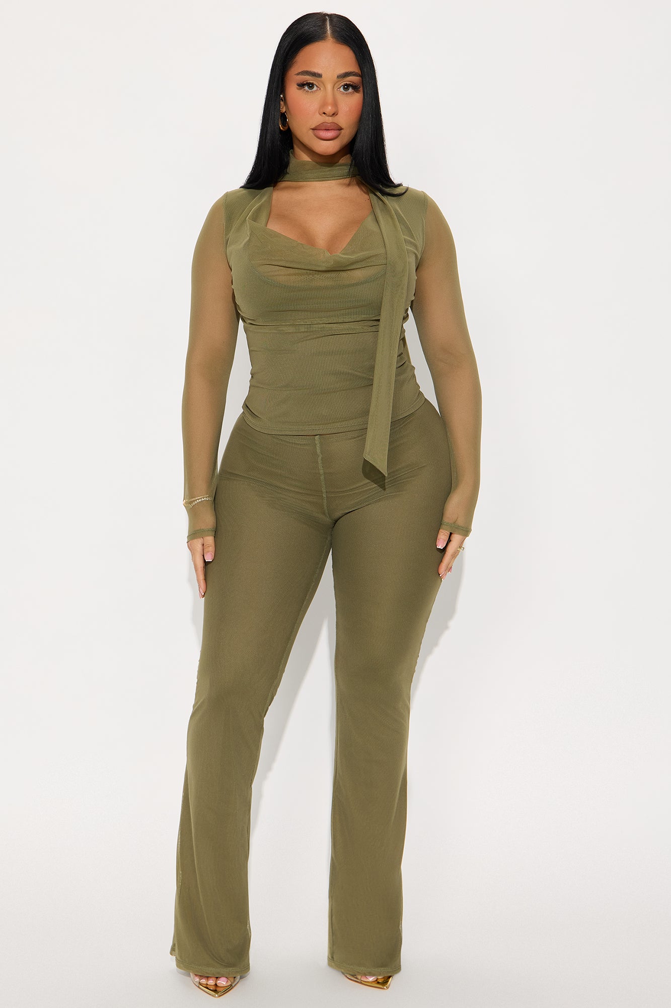 Maya Cowl Neck Scarf Top And Pant Set  - Olive