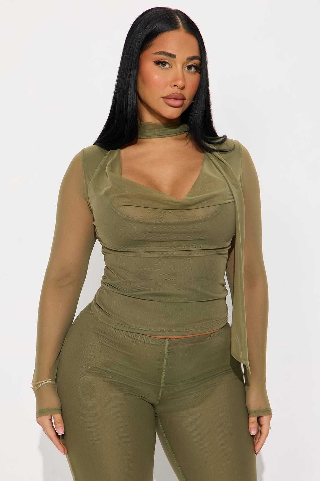 Maya Cowl Neck Scarf Top And Pant Set  - Olive