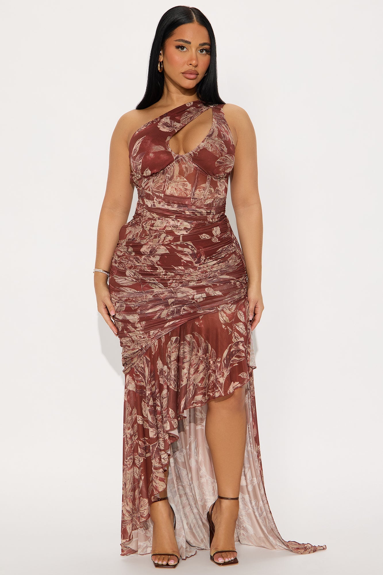 Angelina Mesh Corset Waist Maxi Dress - Rust/combo