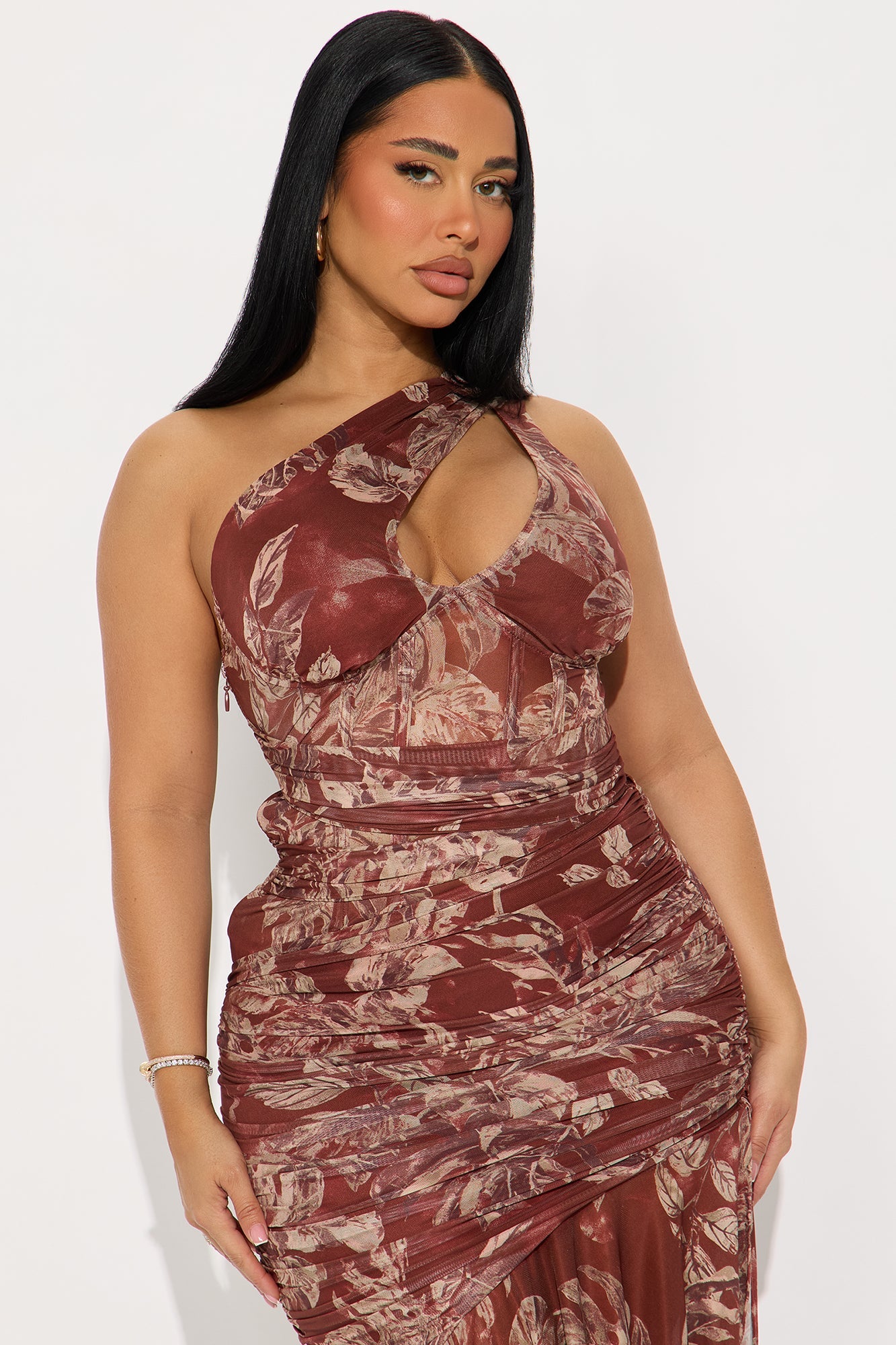 Angelina Mesh Corset Waist Maxi Dress - Rust/combo