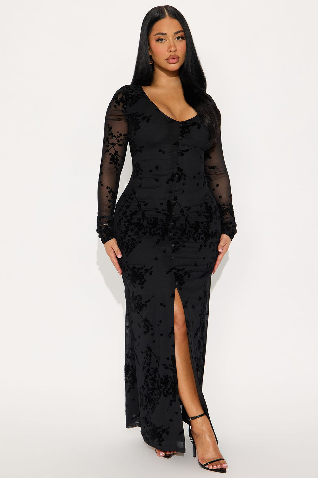 Donna Flocked Maxi Dress - Black