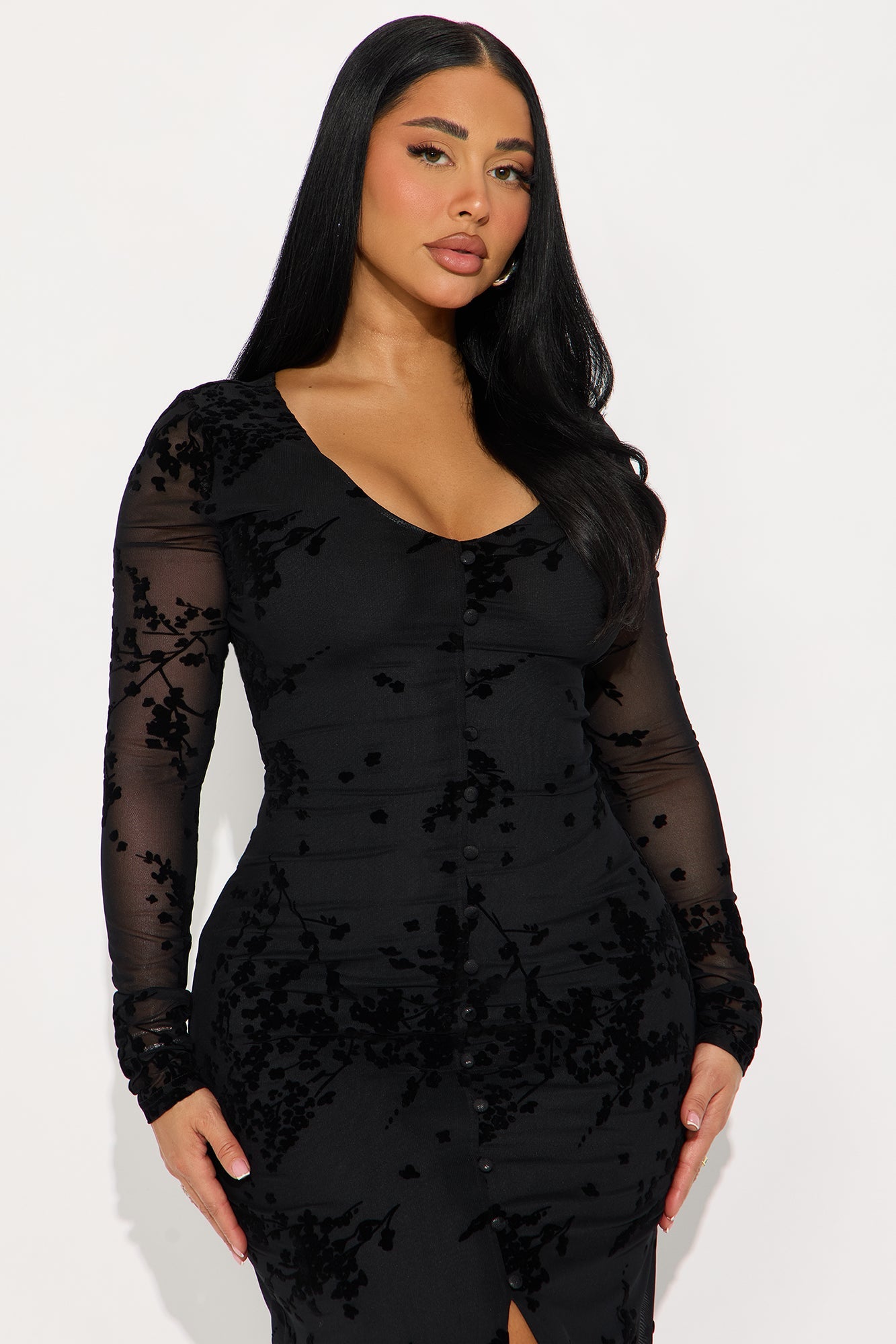 Donna Flocked Maxi Dress - Black