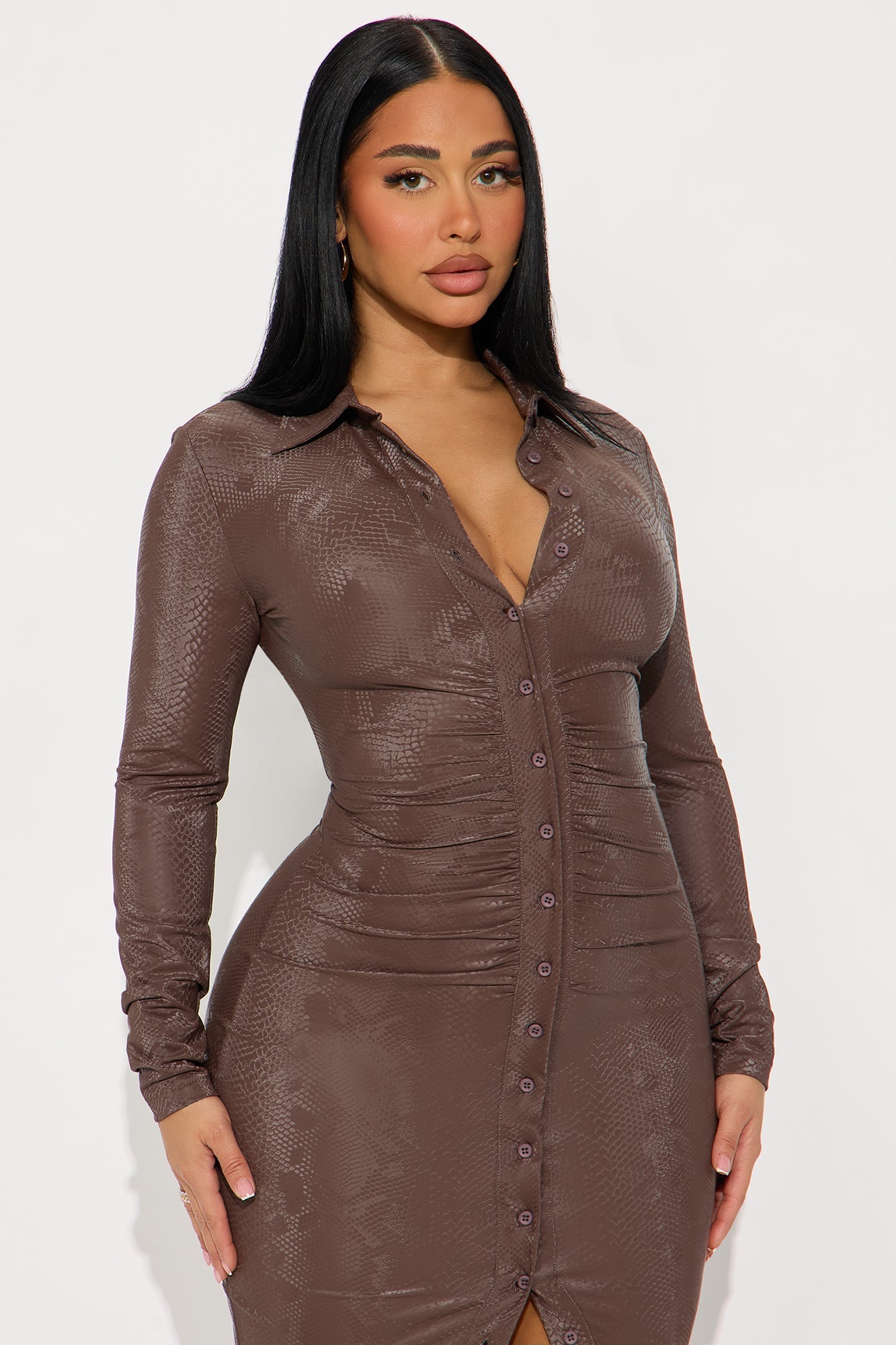 Venomous Snakeskin Faux Leather Midi Dress - Brown