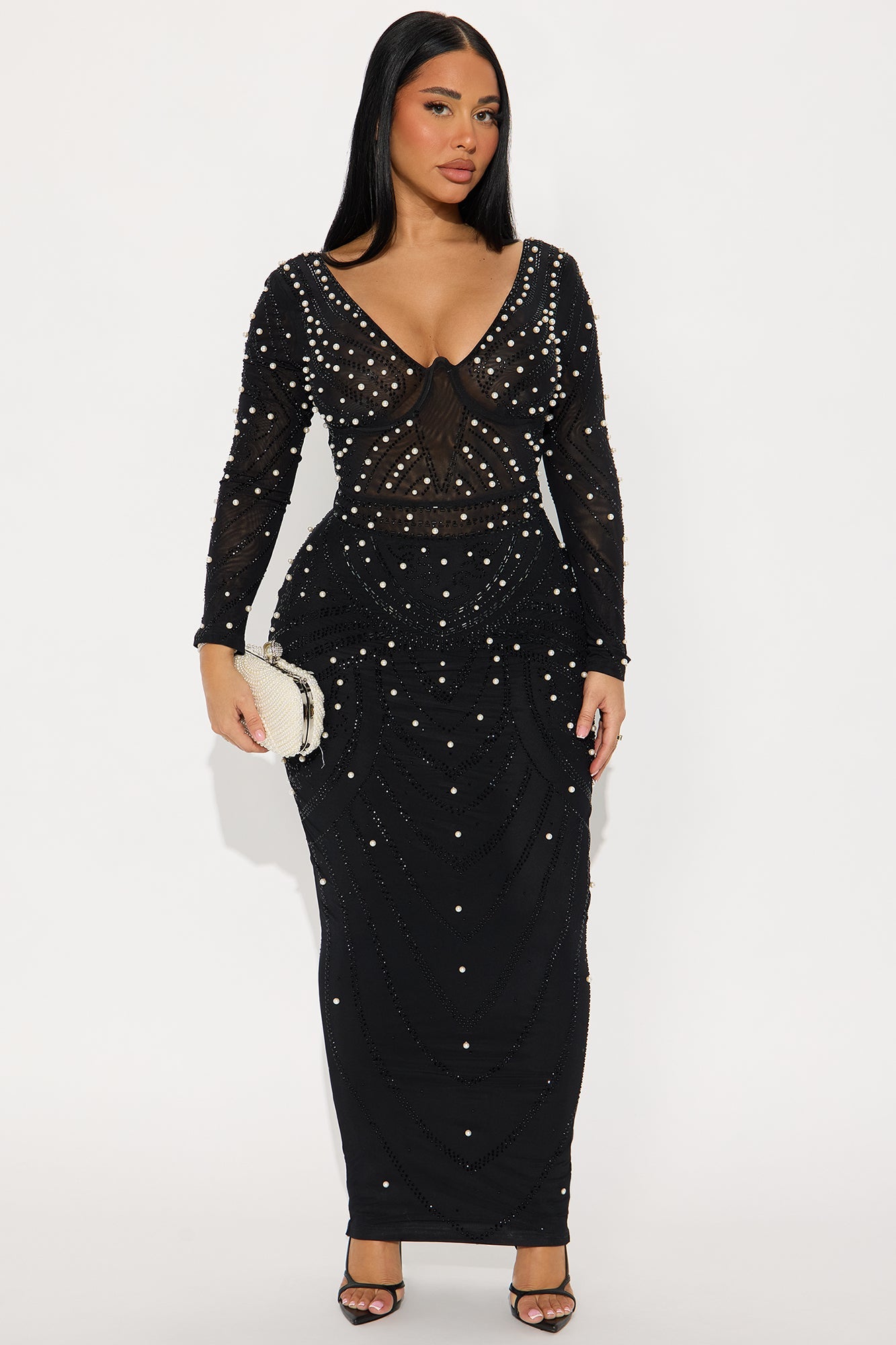 Cali Embellished Long Sleeve Gown - Black