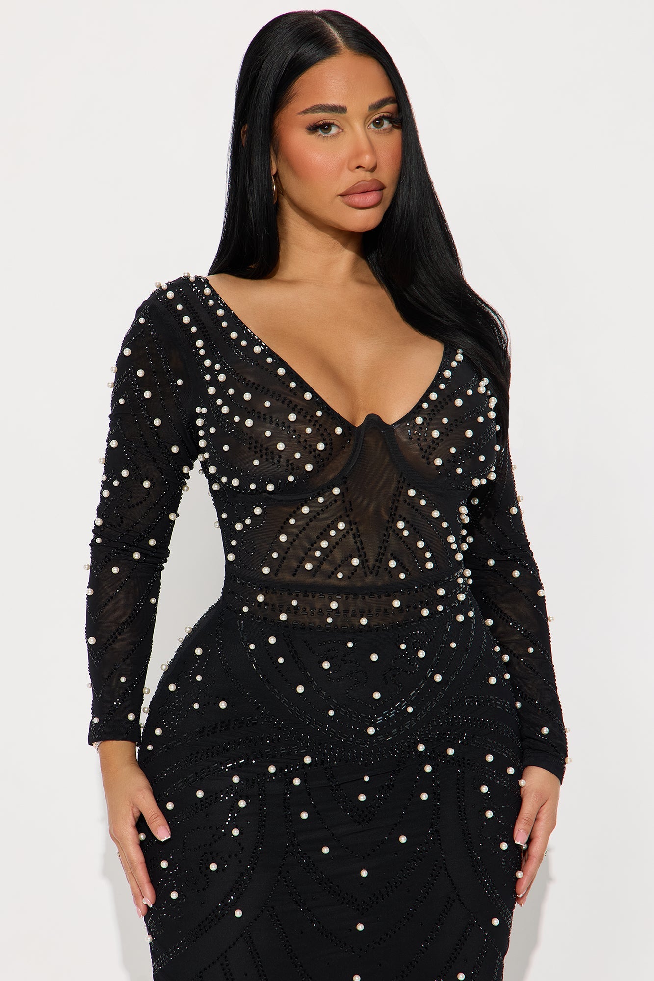 Cali Embellished Long Sleeve Gown - Black