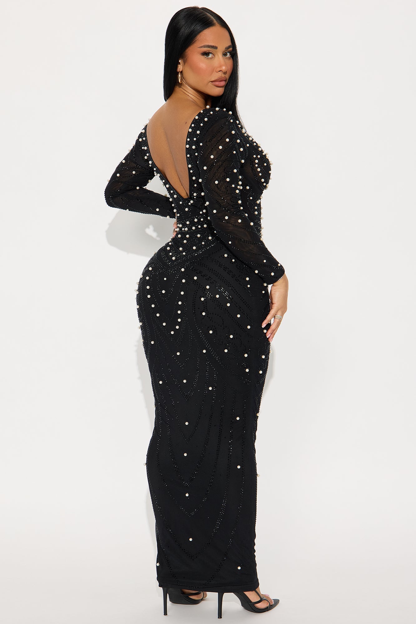 Cali Embellished Long Sleeve Gown - Black