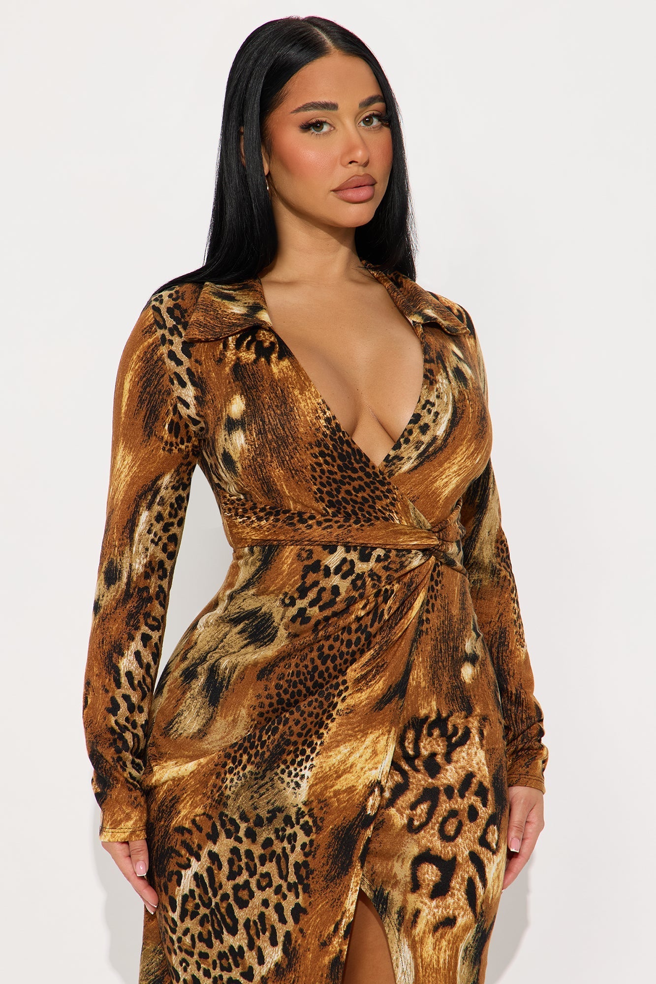 Huntress Long Sleeve Sweater Midi Dress - Brown/combo