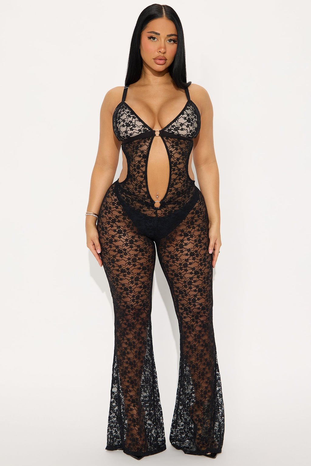 Never Ending Night Cutout Sheer Lace Jumpsuit - Black