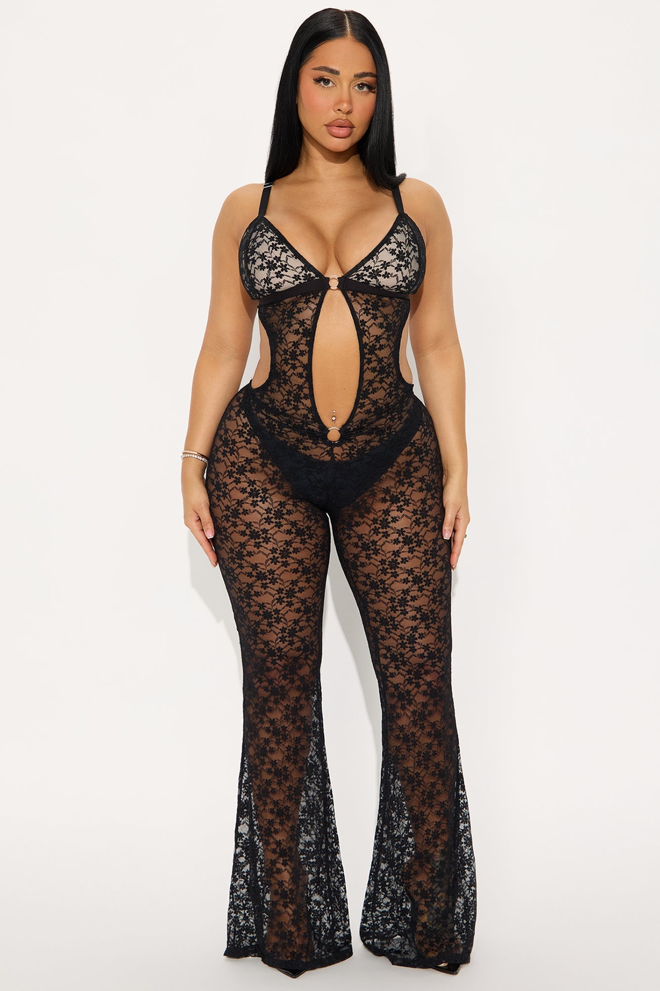 Never Ending Night Cutout Sheer Lace Jumpsuit - Black