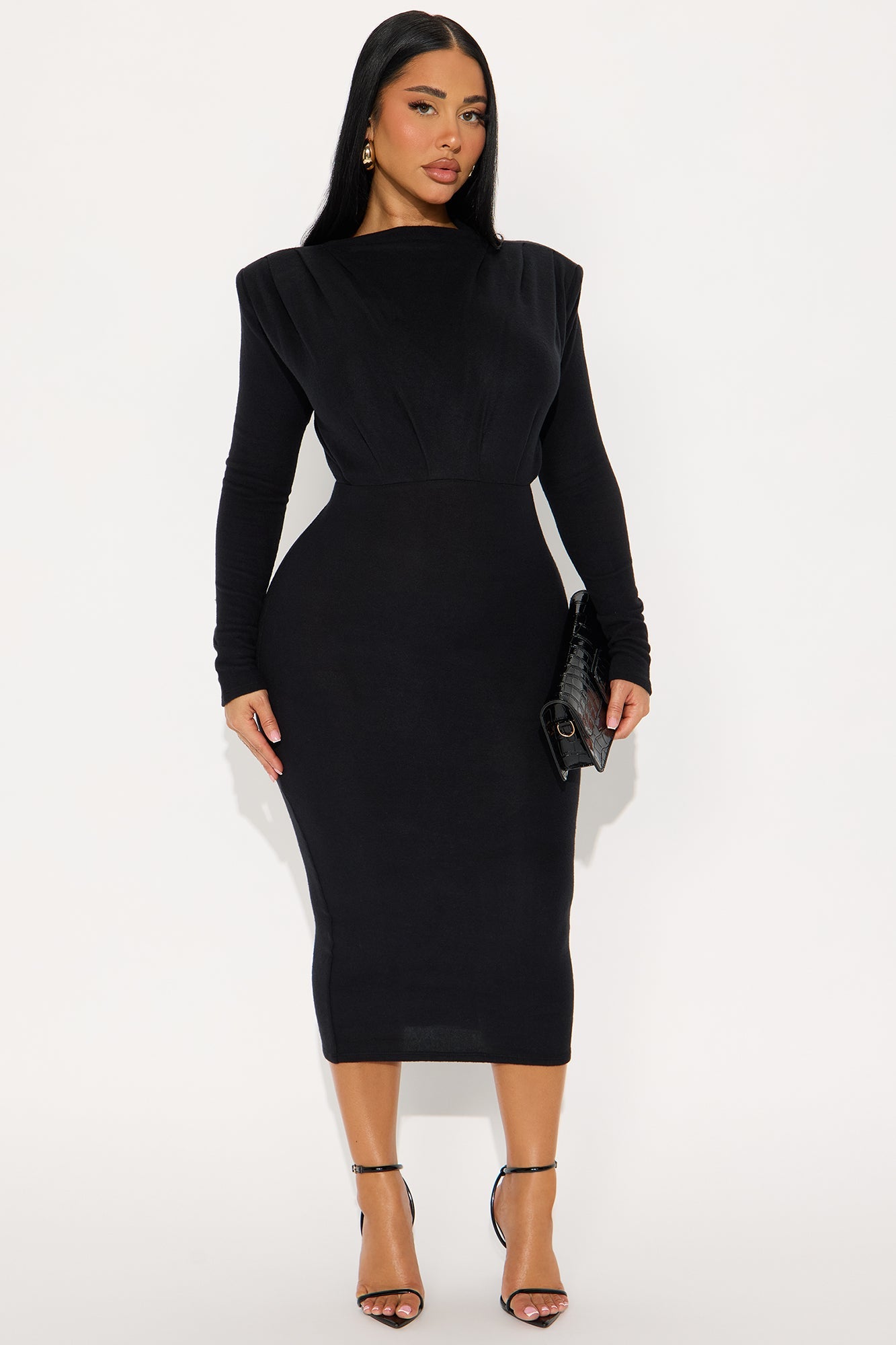 Calista Long Sleeve Sweater Midi Dress - Black