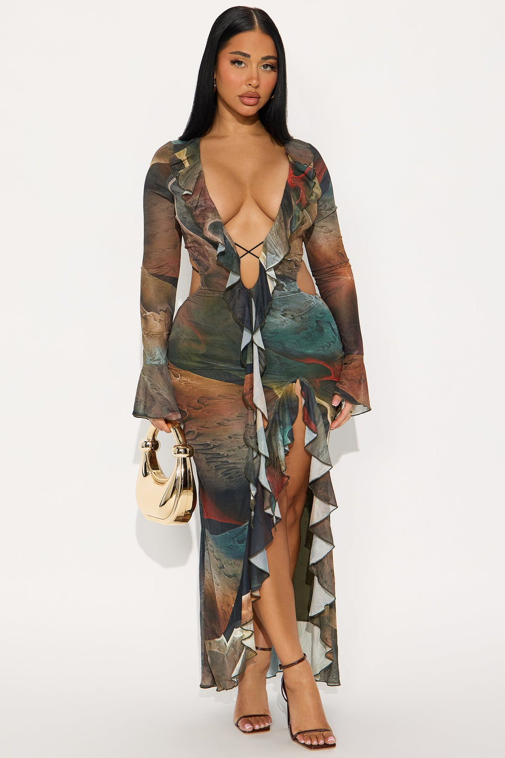 Tazz Abstract Open Back Maxi Dress - Olive/combo