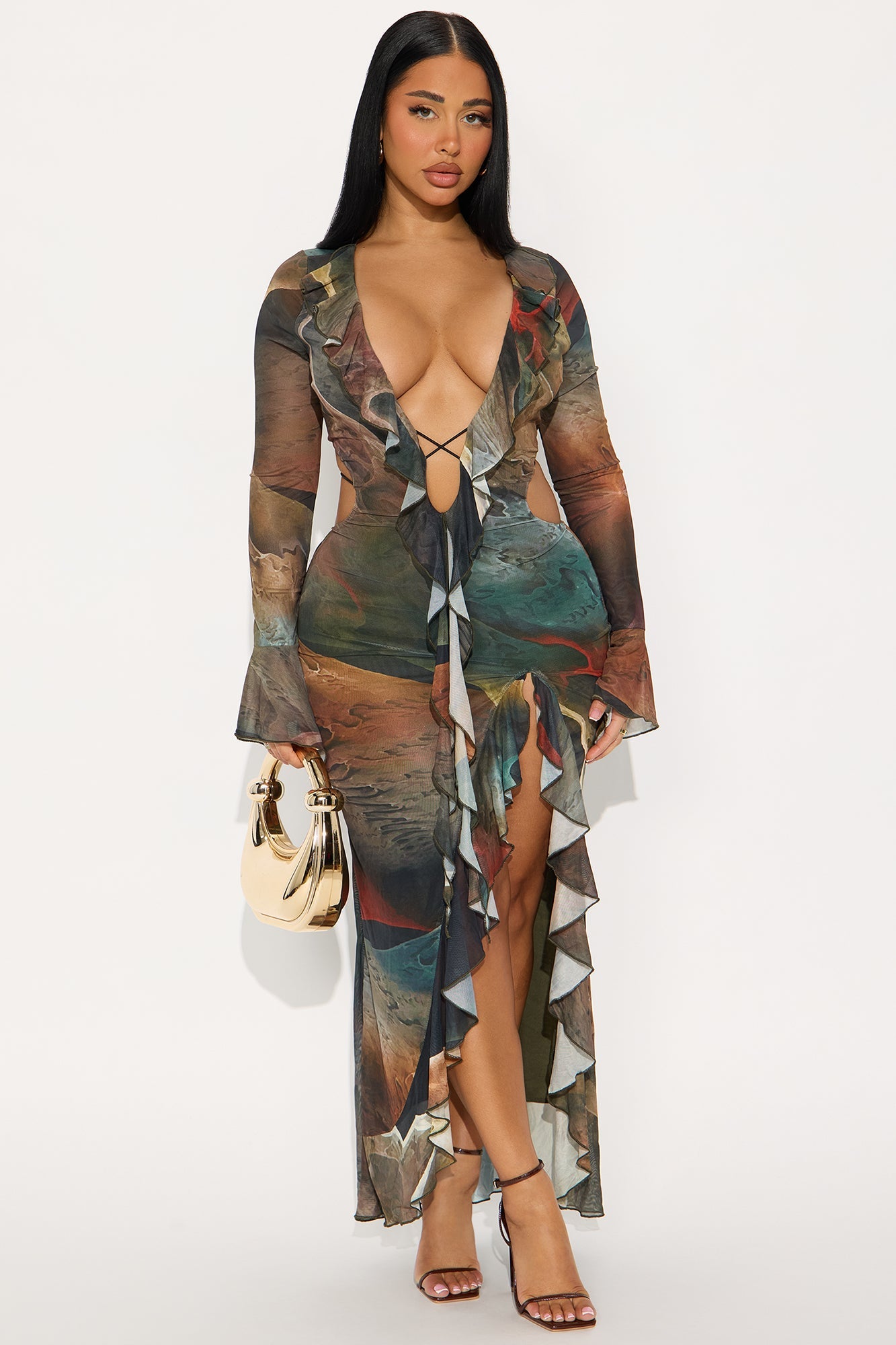 Tazz Abstract Open Back Maxi Dress - Olive/combo