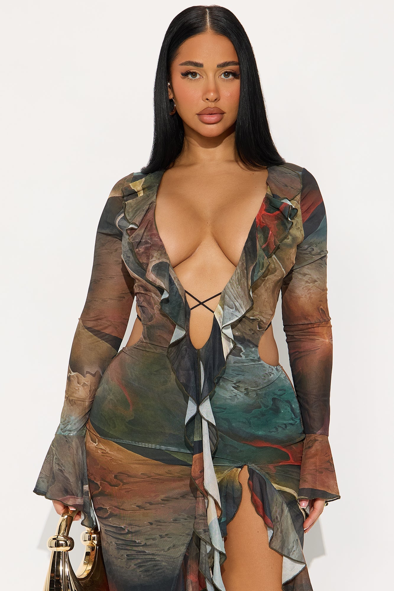 Tazz Abstract Open Back Maxi Dress - Olive/combo