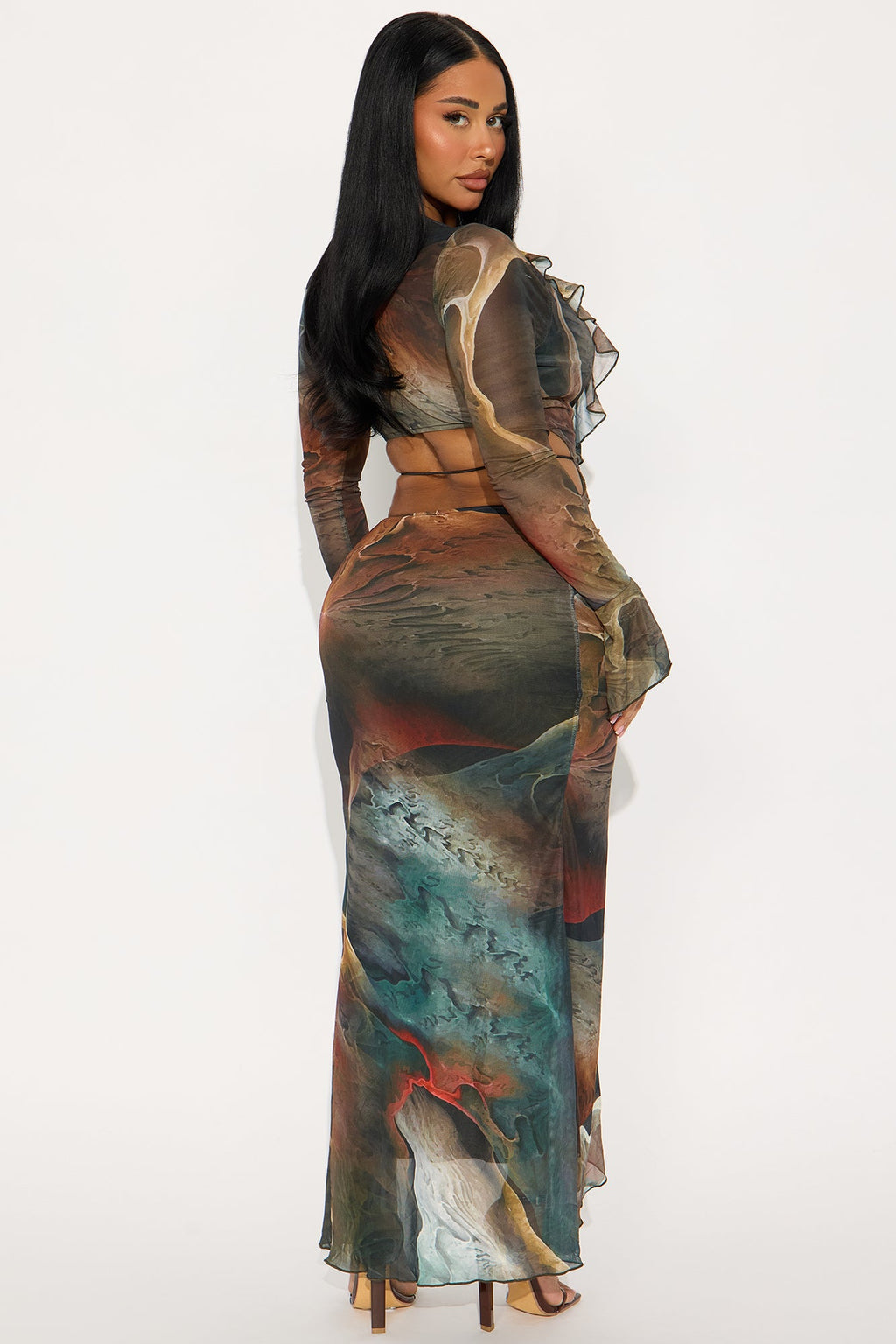 Tazz Abstract Open Back Maxi Dress - Olive/combo