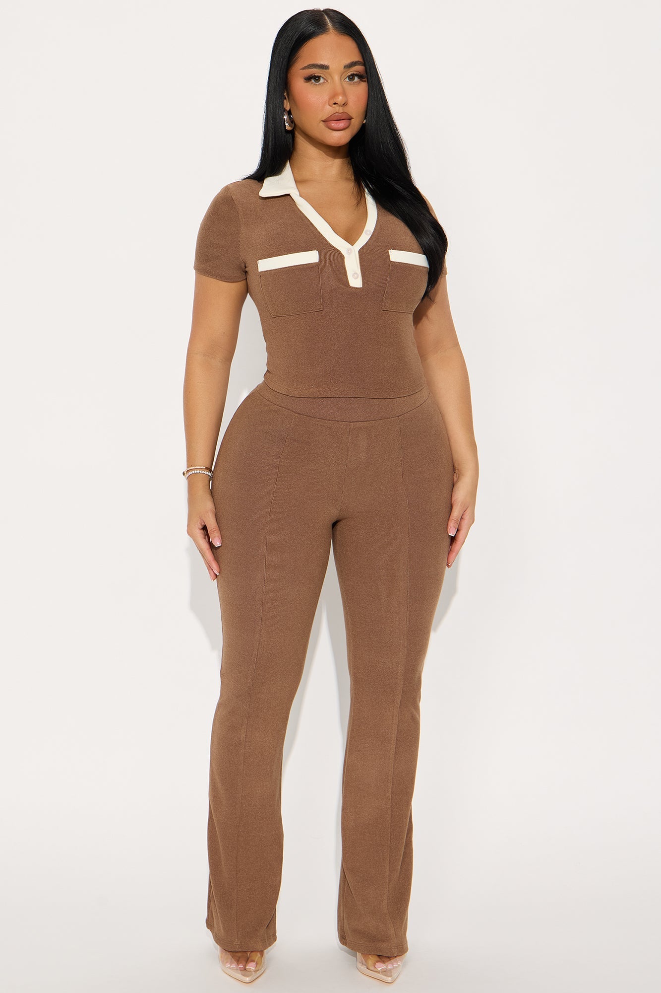 Emma Ribbed Flare Pant Set - Chocolate