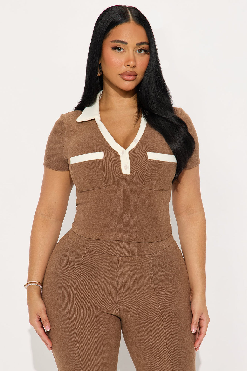 Emma Ribbed Flare Pant Set - Chocolate