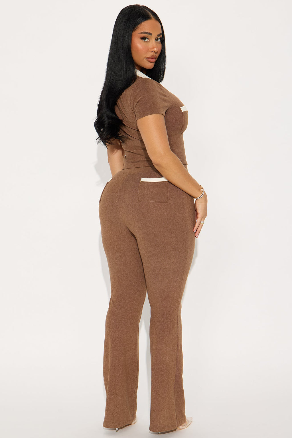 Emma Ribbed Flare Pant Set - Chocolate