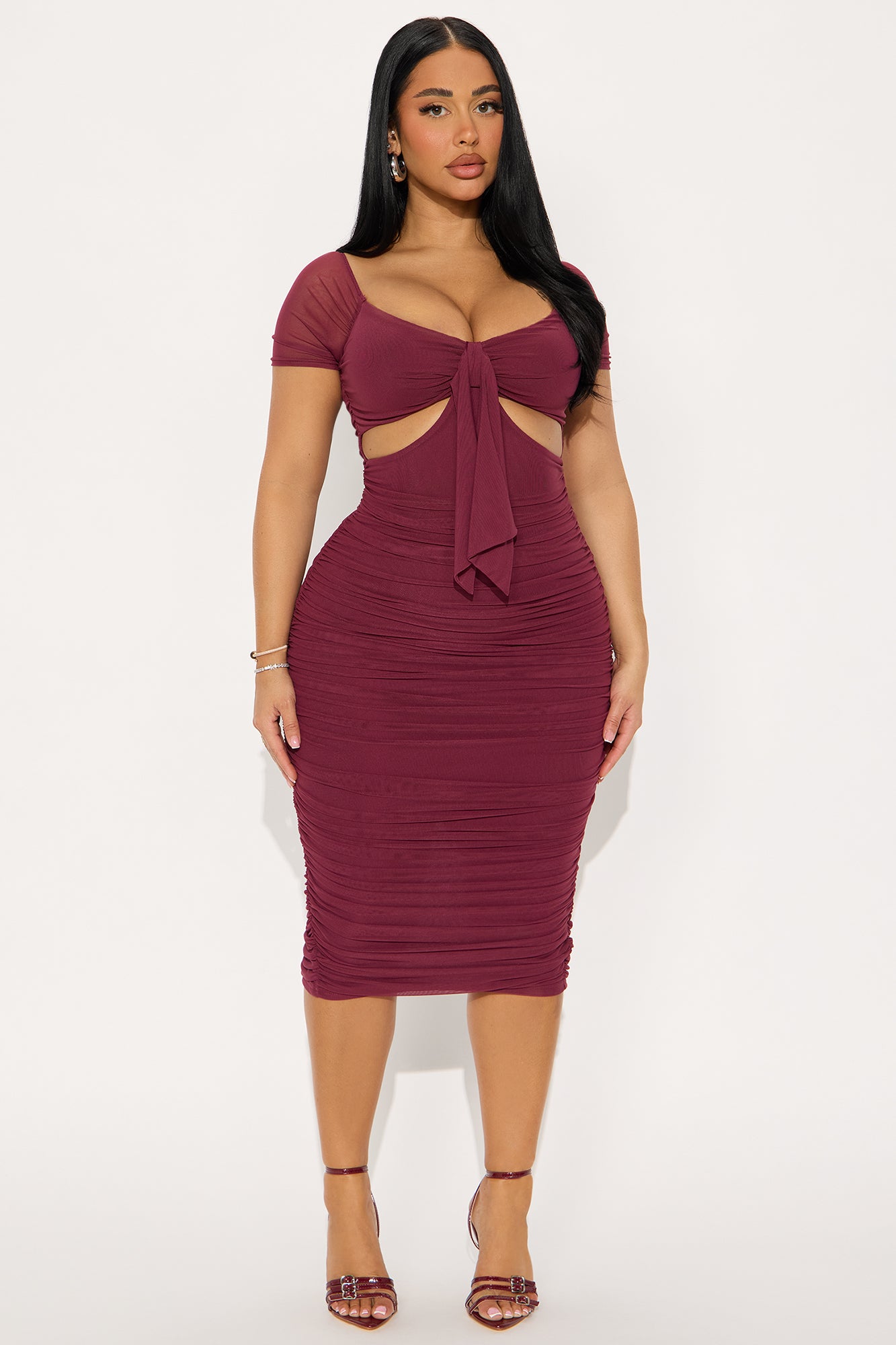 Simple And Sweet Mesh Ruched Dress - Wine