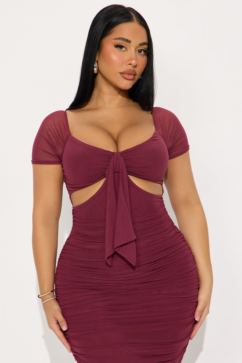 Simple And Sweet Mesh Ruched Dress - Wine