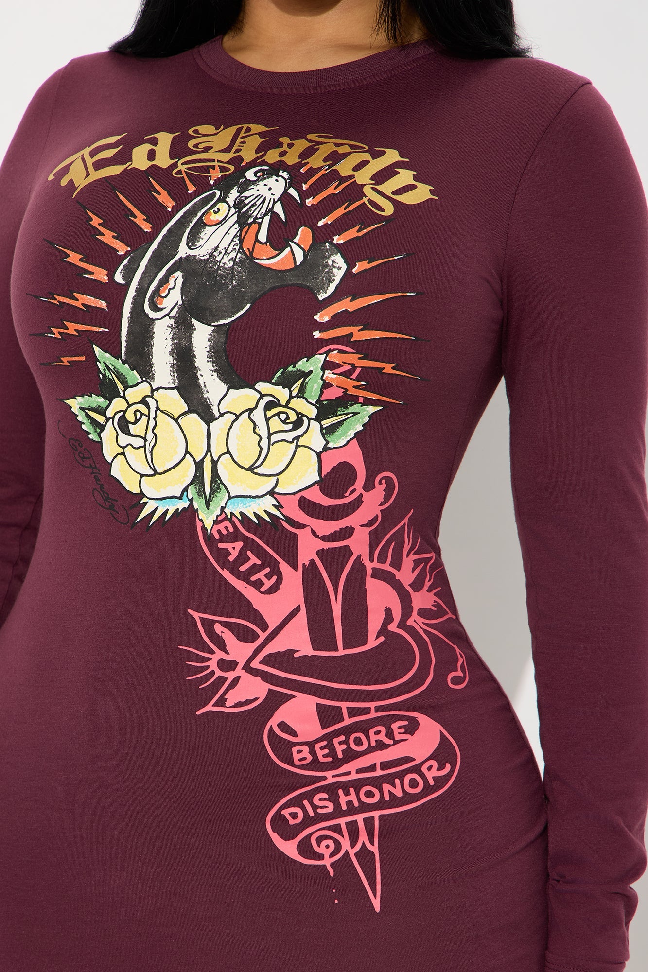 Ed Hardy Rose Long Sleeve Mini Dress - Burgundy