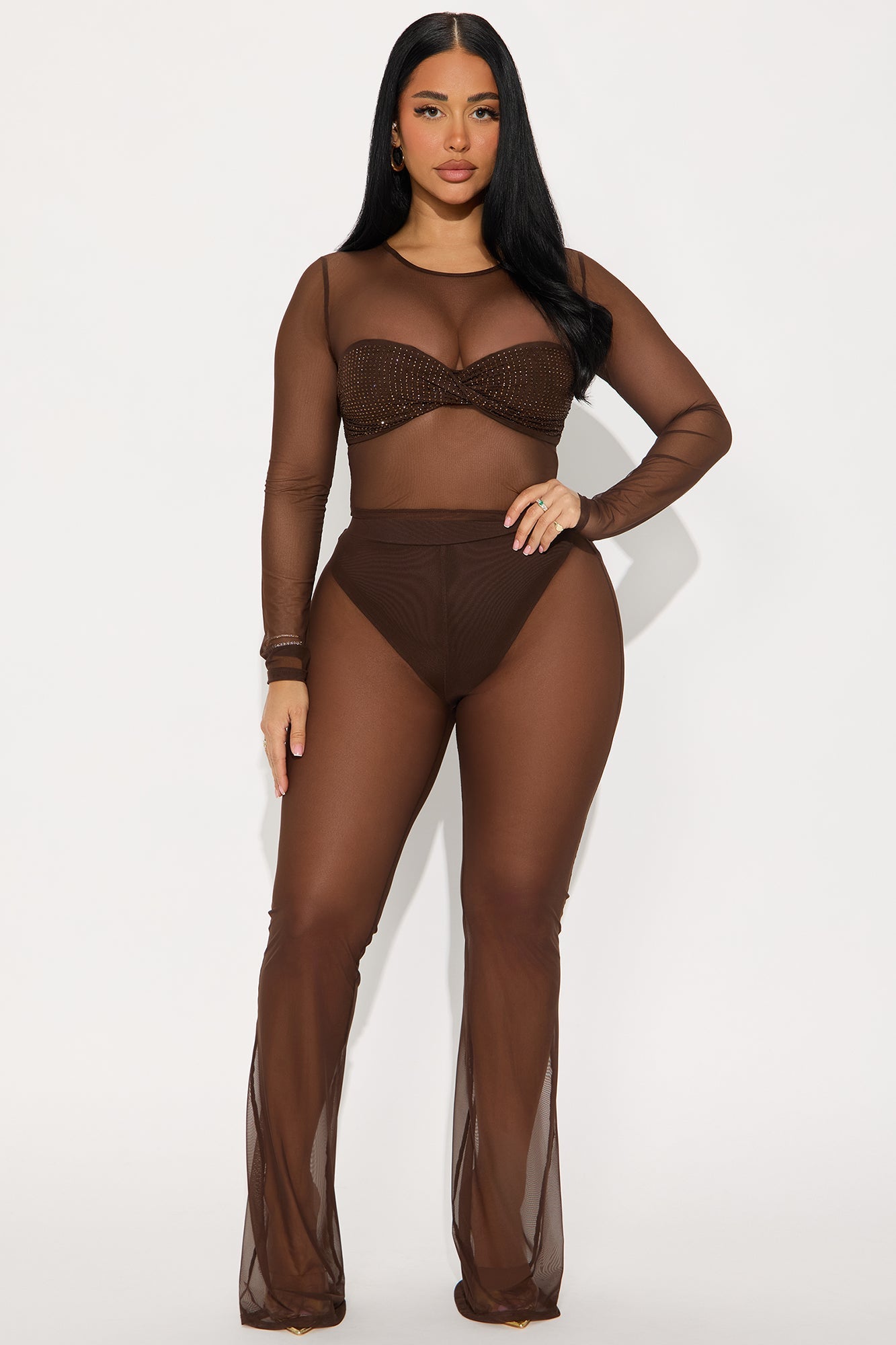 Hard To Forget Rhinestone Mesh Pant Set - Chocolate