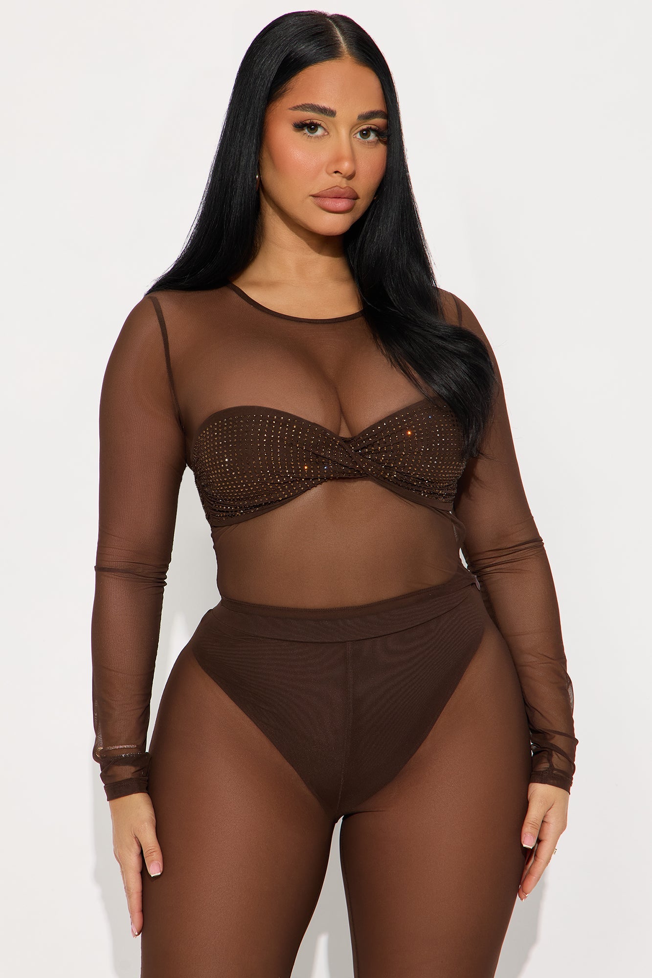 Hard To Forget Rhinestone Mesh Pant Set - Chocolate