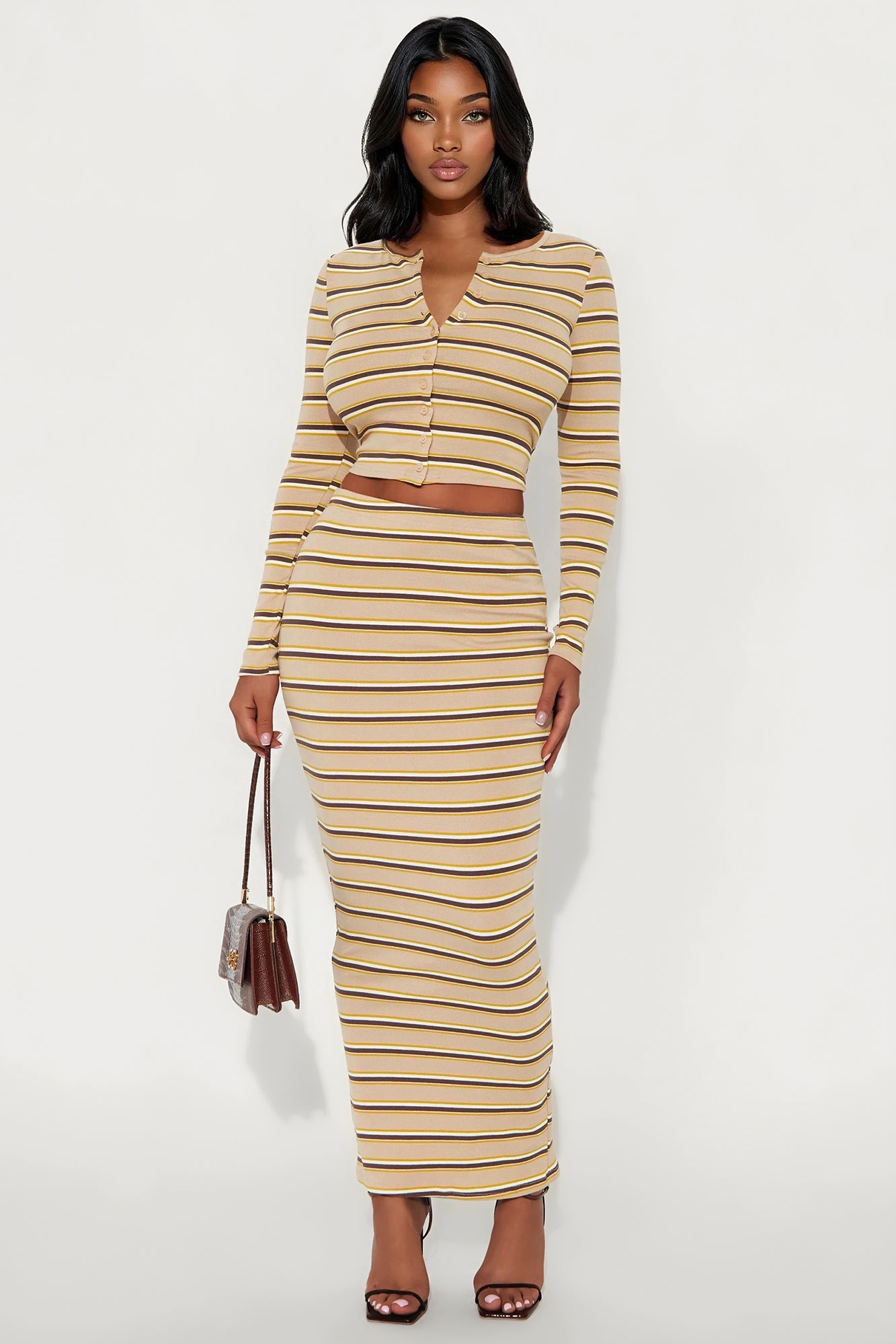 Genevieve Striped Cardigan Maxi Skirt Set - Taupe