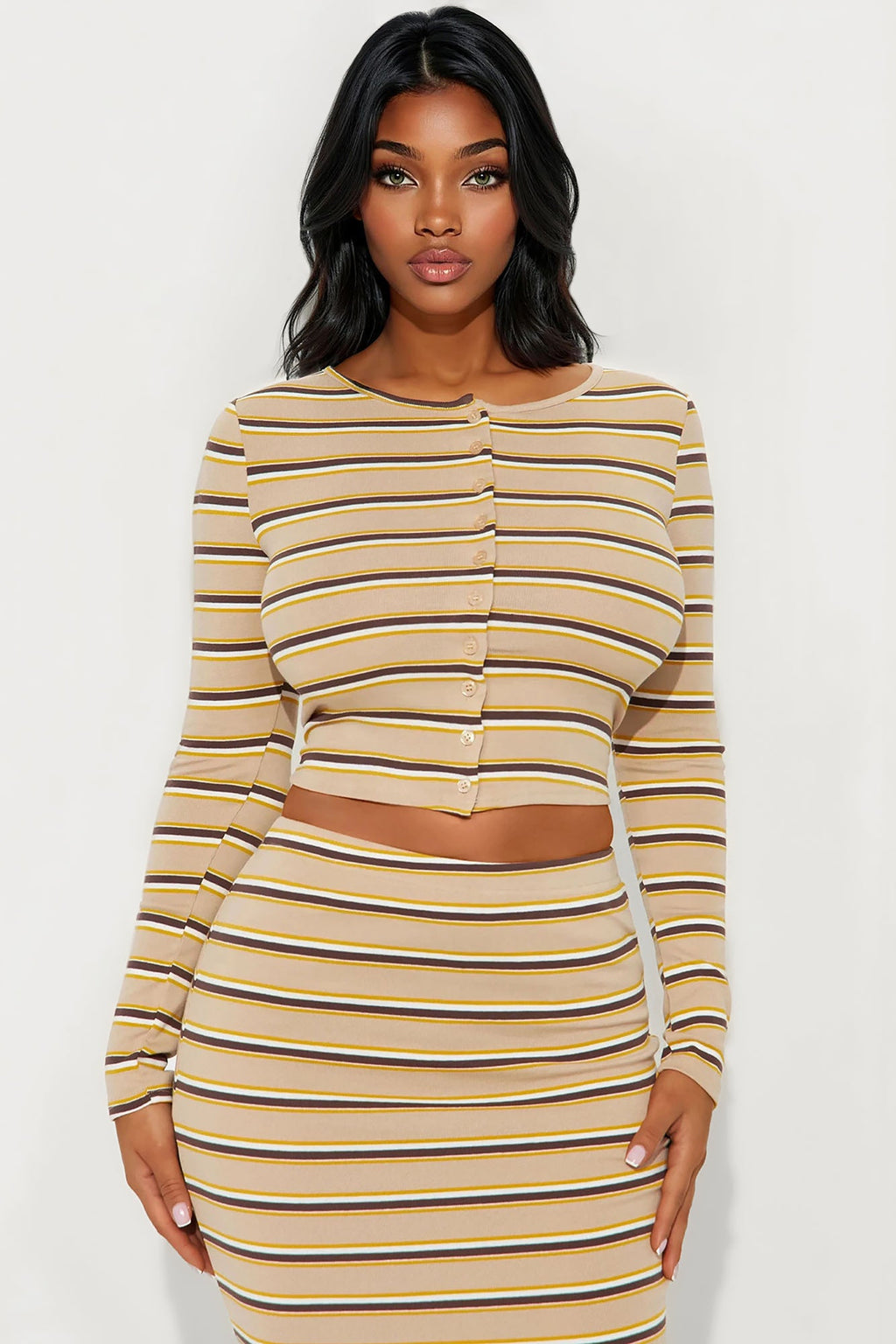 Genevieve Striped Cardigan Maxi Skirt Set - Taupe