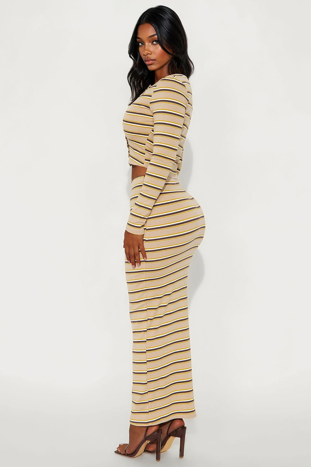 Genevieve Striped Cardigan Maxi Skirt Set - Taupe