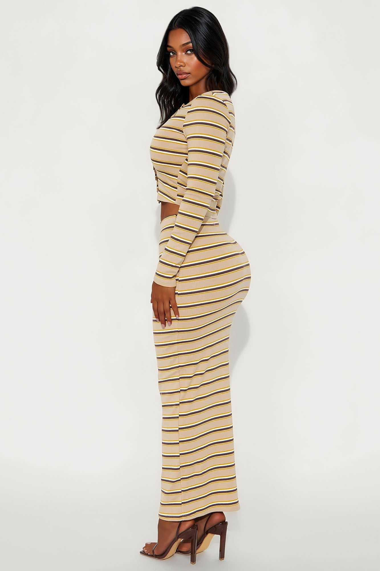 Genevieve Striped Cardigan Maxi Skirt Set - Taupe