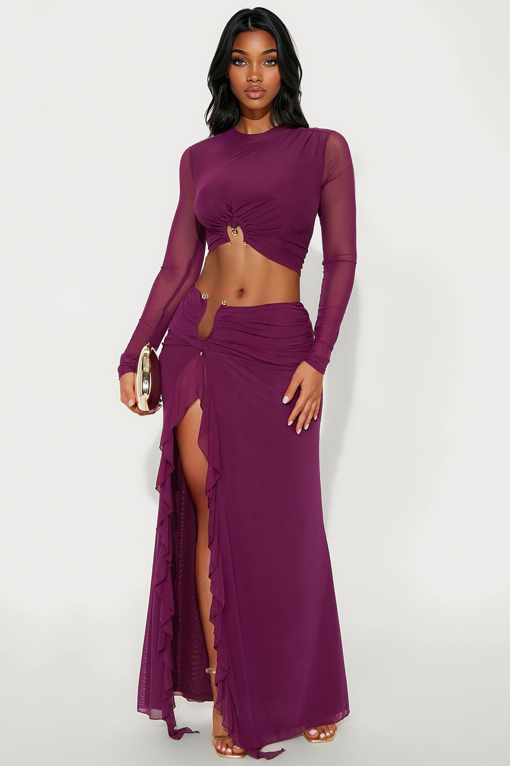 Everything It Takes Asymmetrical Mesh Skirt Set - Plum
