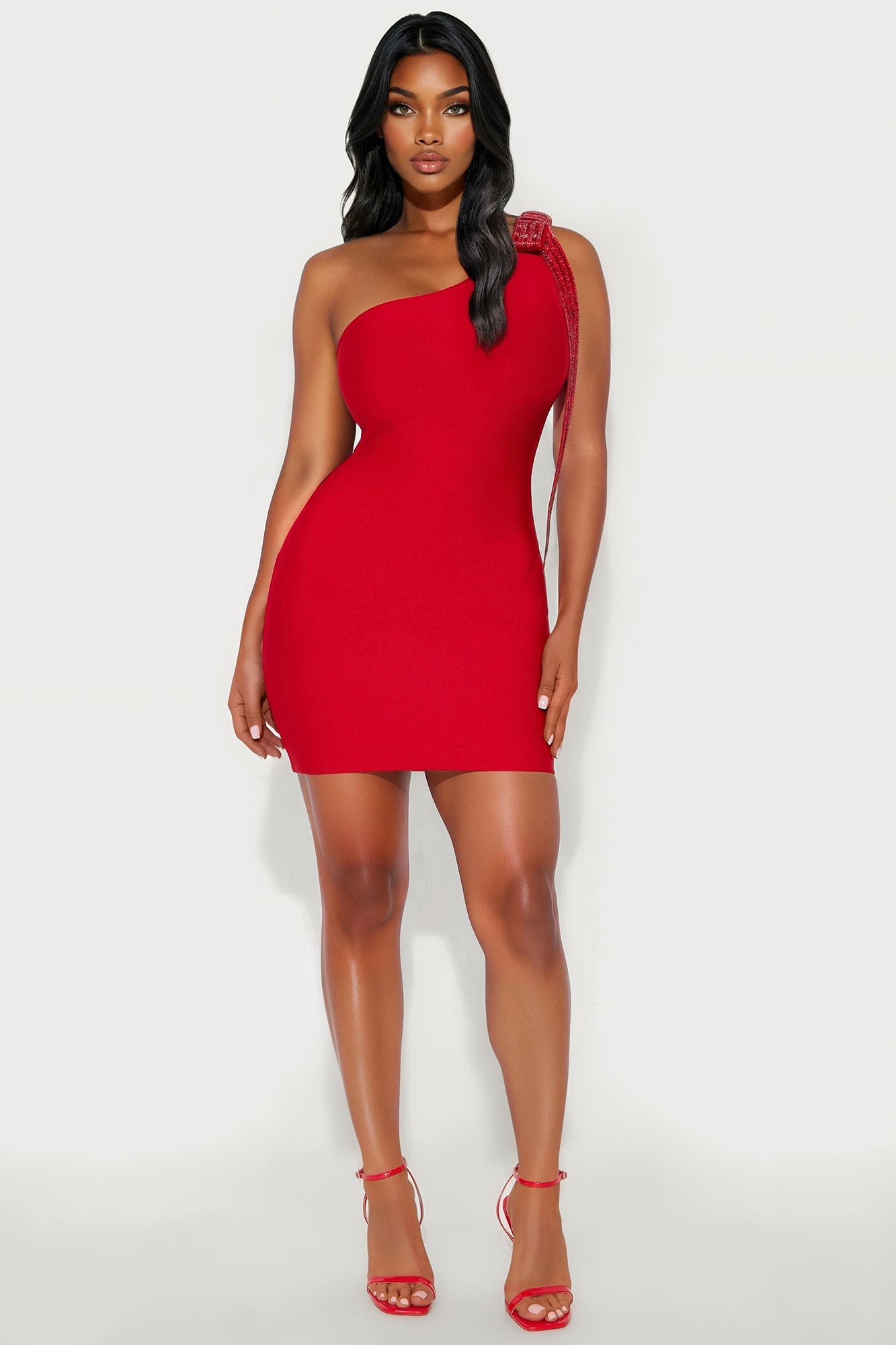 Annelise One Shoulder Bandage Mini Dress - Red