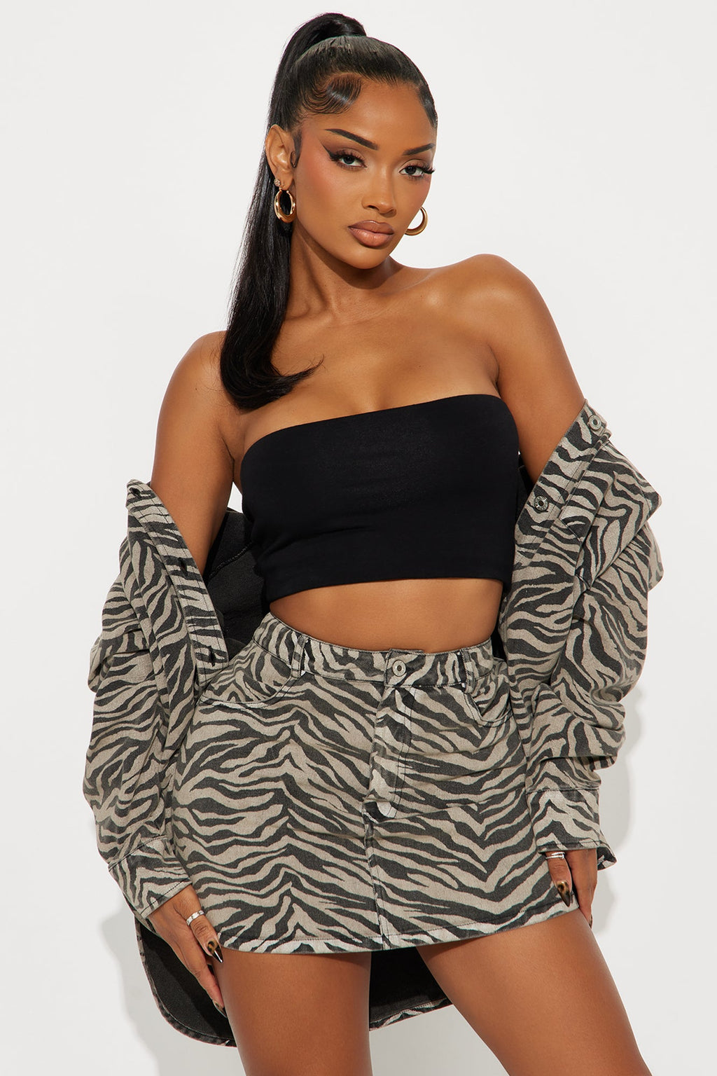 Kamila Denim Zebra Print Jacket Skirt Set - Sand/combo