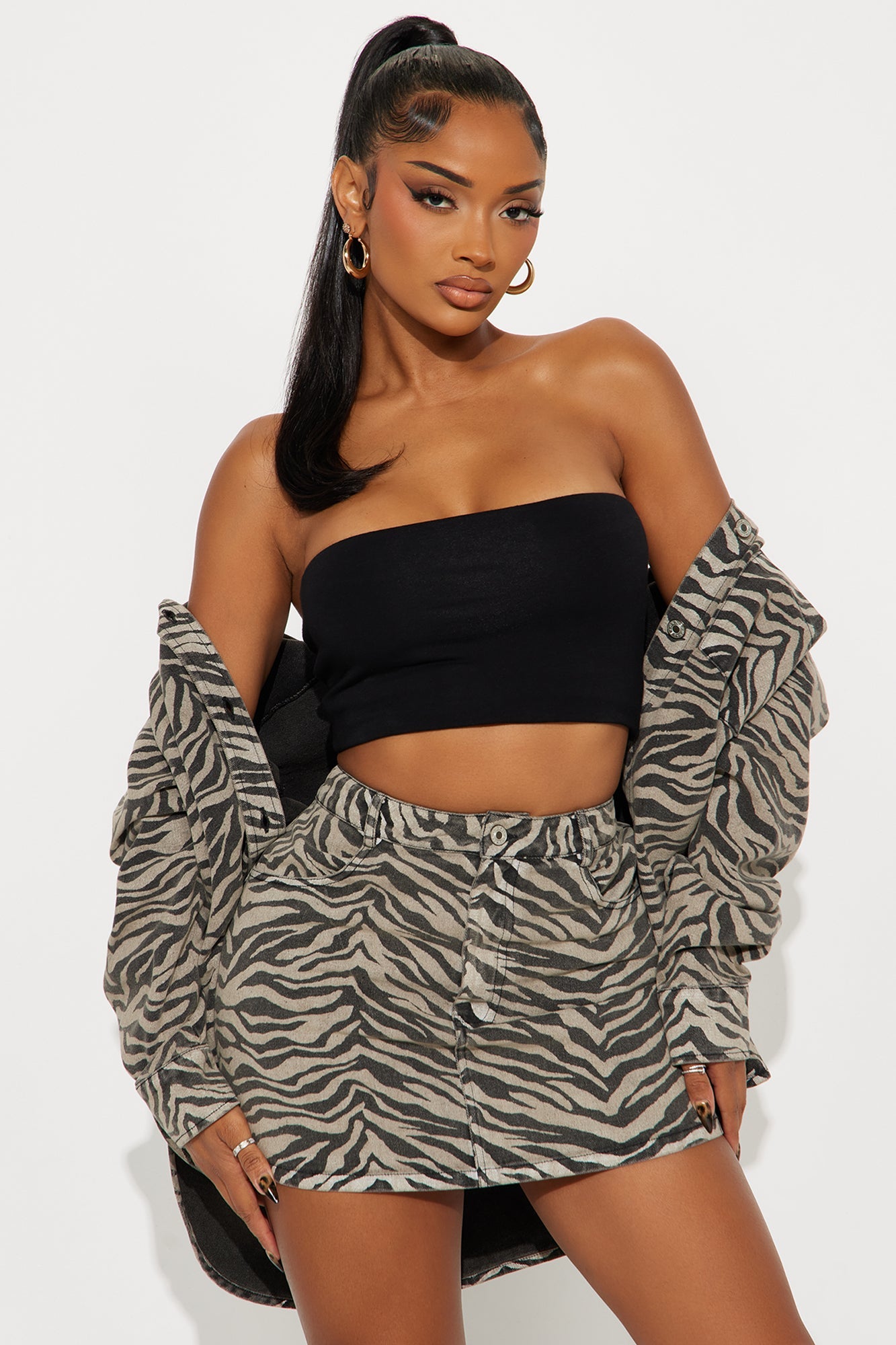 Kamila Denim Zebra Print Jacket Skirt Set - Sand/combo