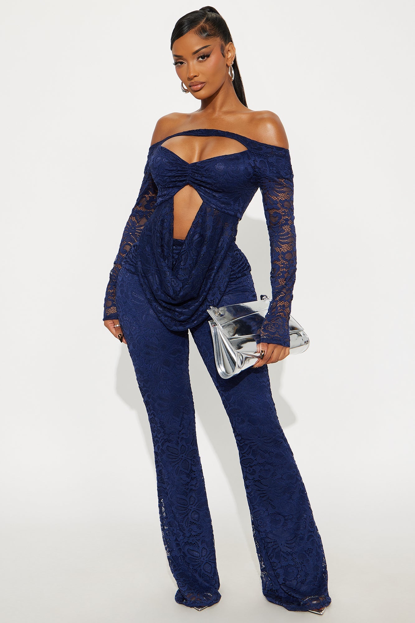 Kaylee Off Shoulder Lace Pant Set - Navy