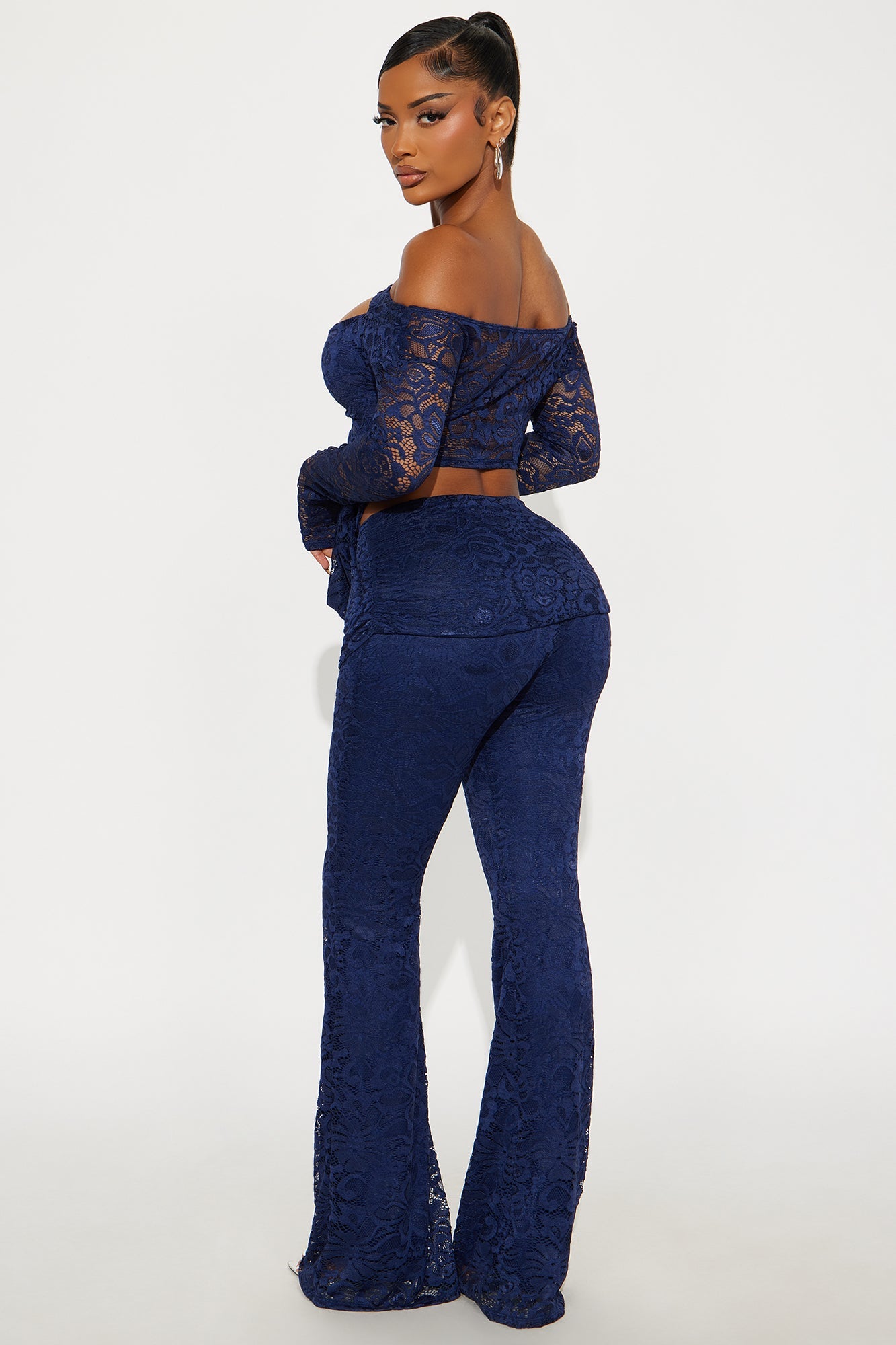 Kaylee Off Shoulder Lace Pant Set - Navy
