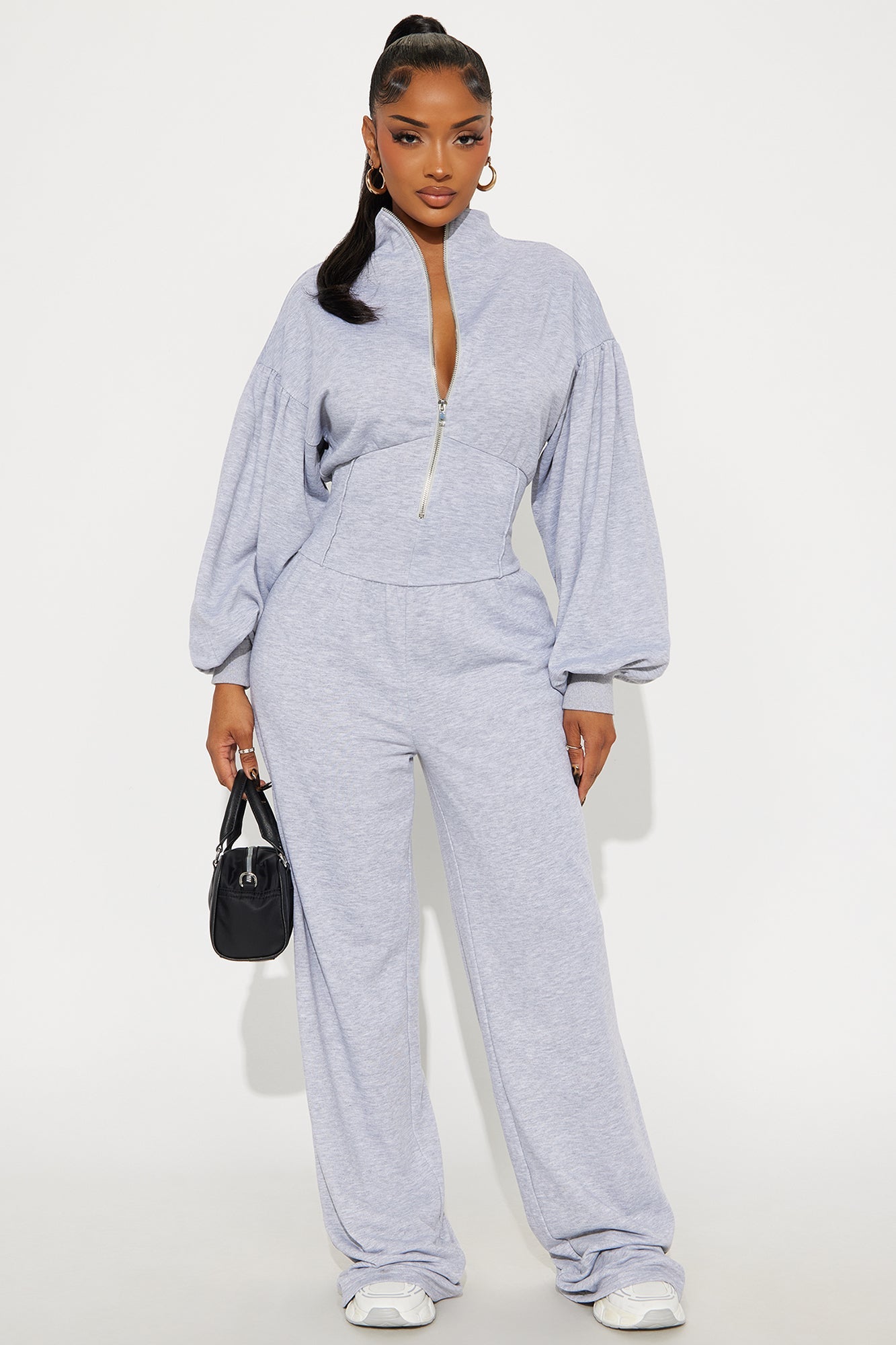 Make You Work French Terry Wide Leg Jumpsuit - Heather Grey