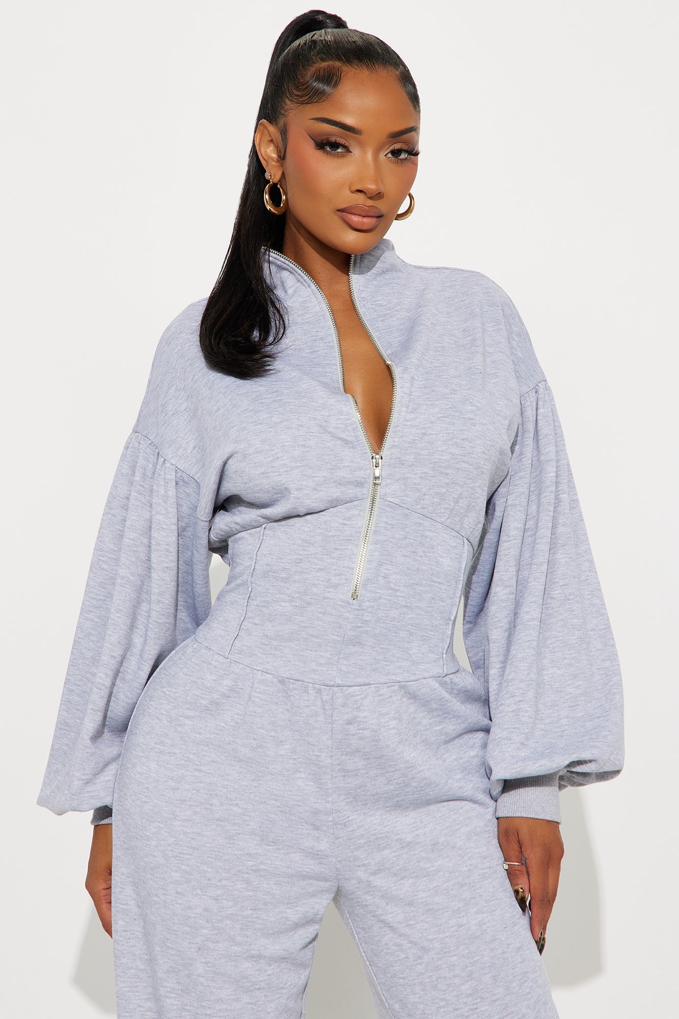 Make You Work French Terry Wide Leg Jumpsuit - Heather Grey