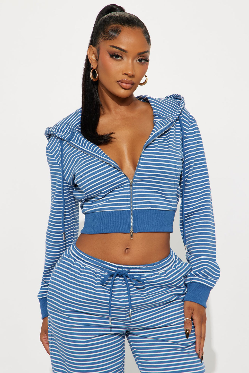 Kira Zip Up Hoodie Wide Leg Pant Set - Blue 