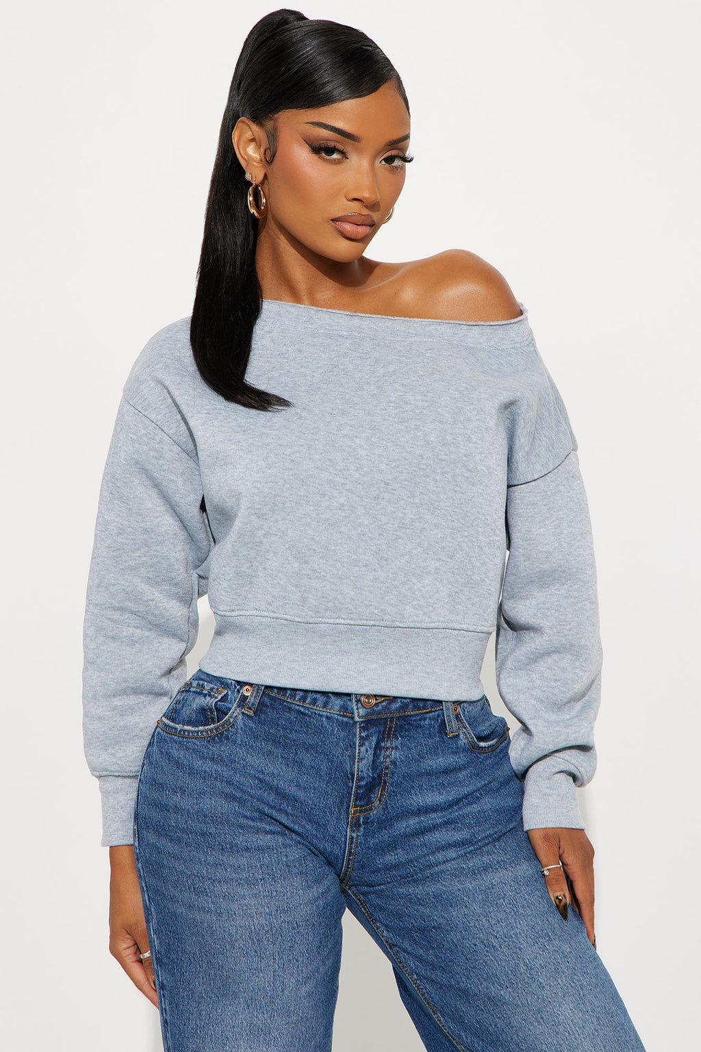 Offline Off Shoulder Fleece Sweatshirt - Heather Grey 