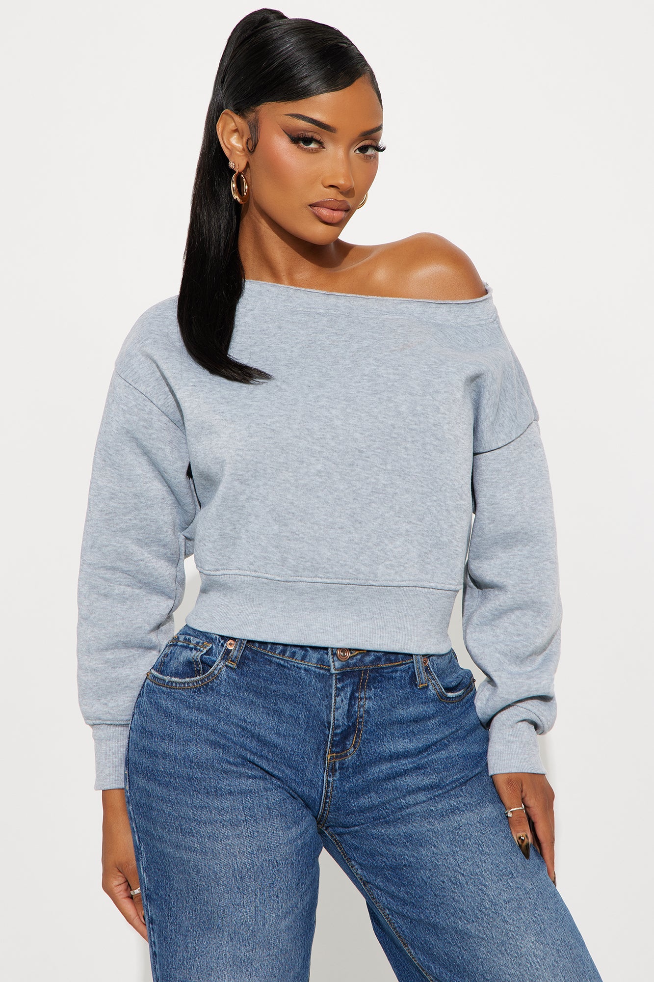 Offline Off Shoulder Fleece Sweatshirt - Heather Grey 