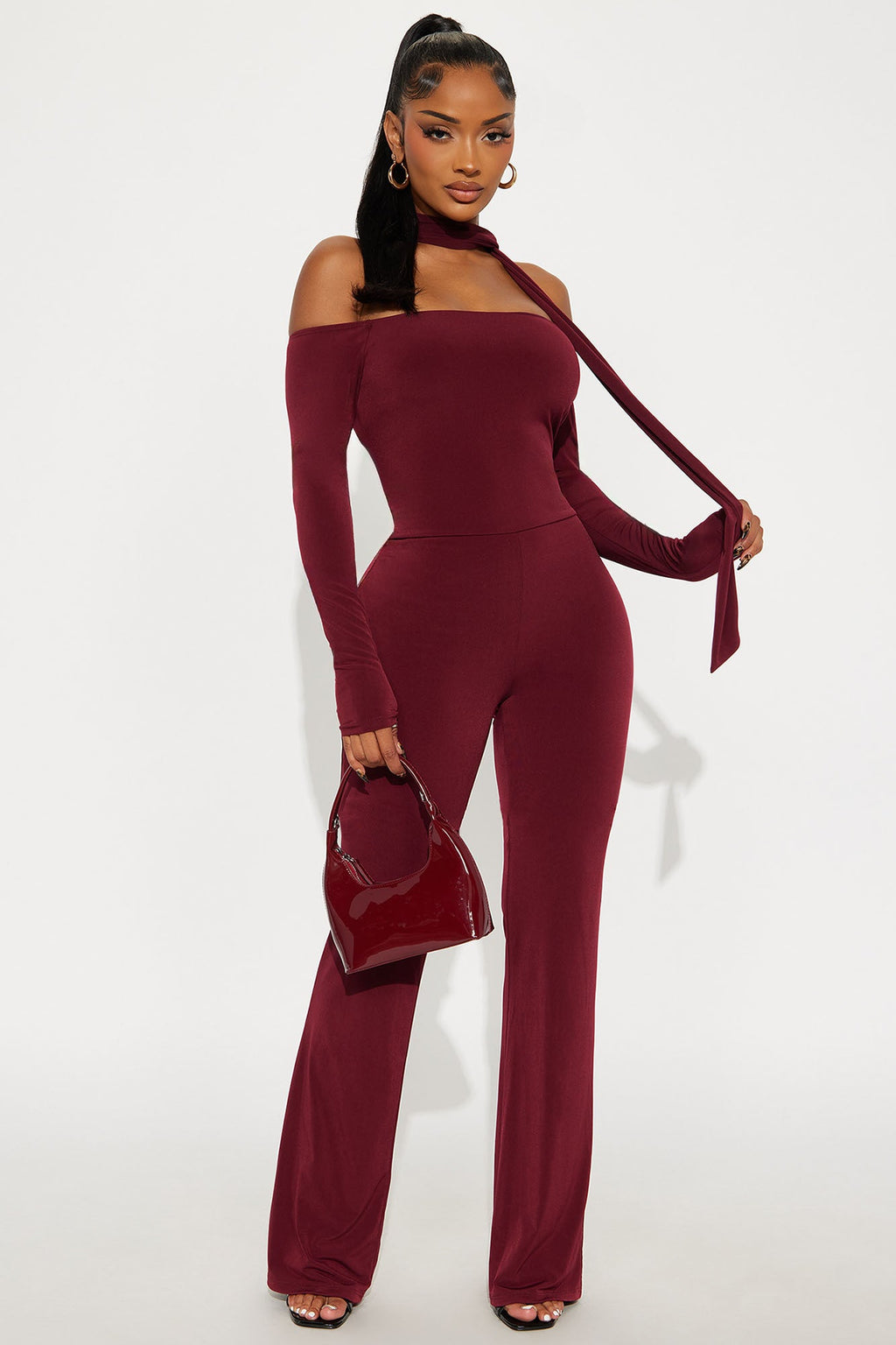 Mirella 2 Piece Off Shoulder Scarf Jumpsuit - Burgundy
