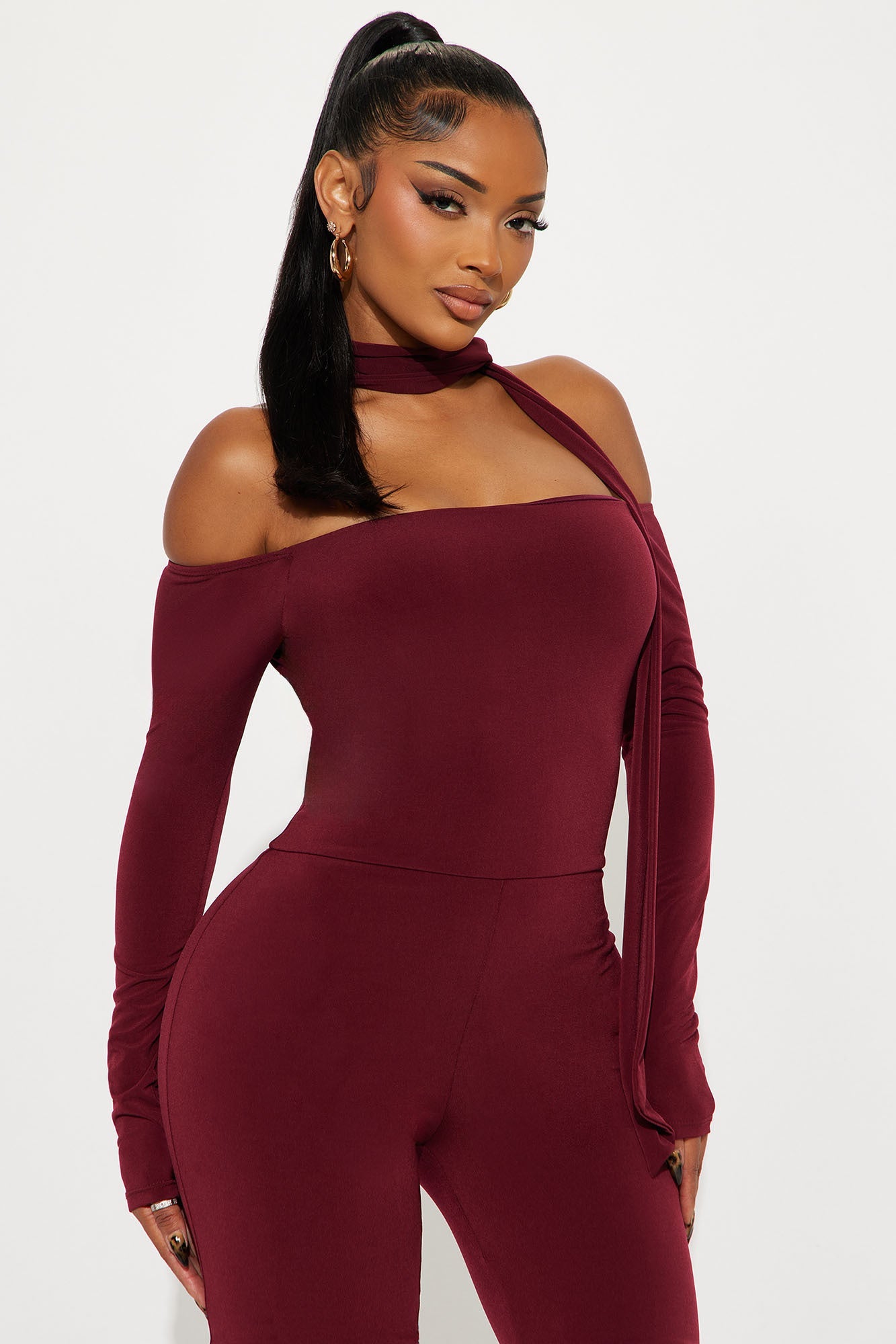 Mirella 2 Piece Off Shoulder Scarf Jumpsuit - Burgundy