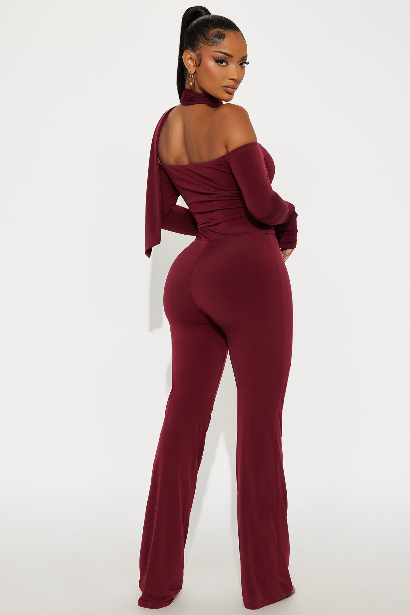 Mirella 2 Piece Off Shoulder Scarf Jumpsuit - Burgundy